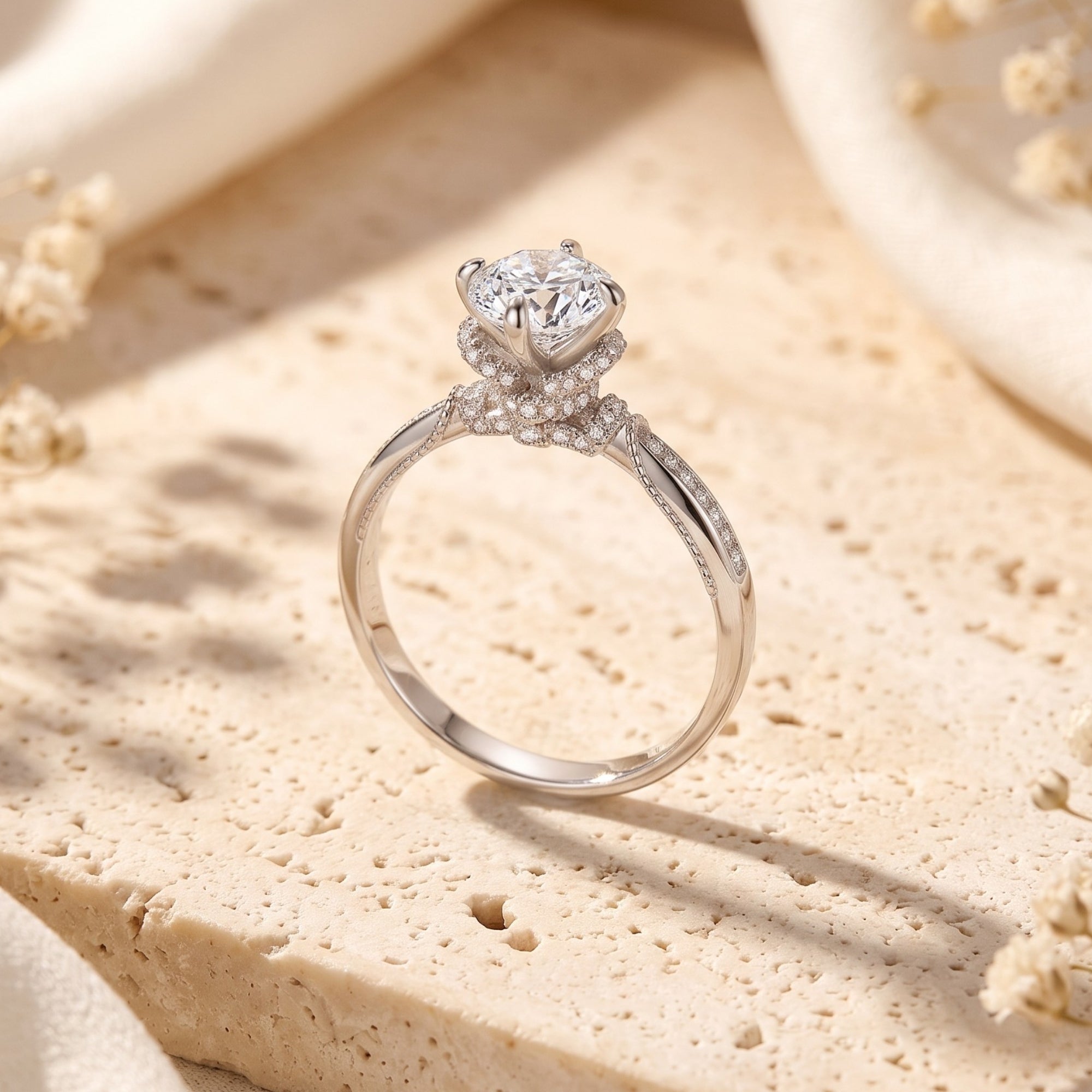 Side profile of a silver S925 vintage solitaire ring with round brilliant stone on stone.