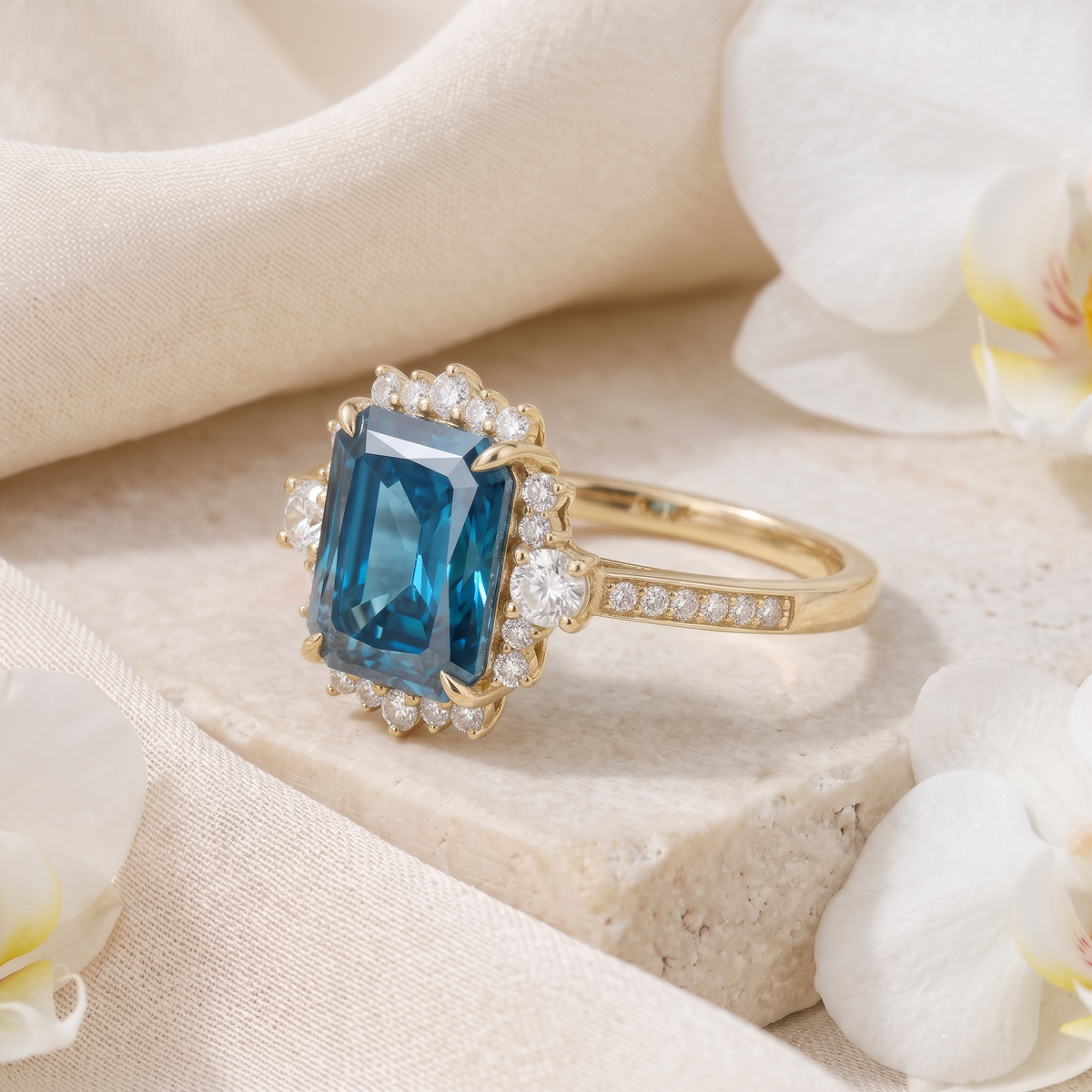 Side angle view of an emerald cut blue moissanite halo engagement ring in yellow gold.