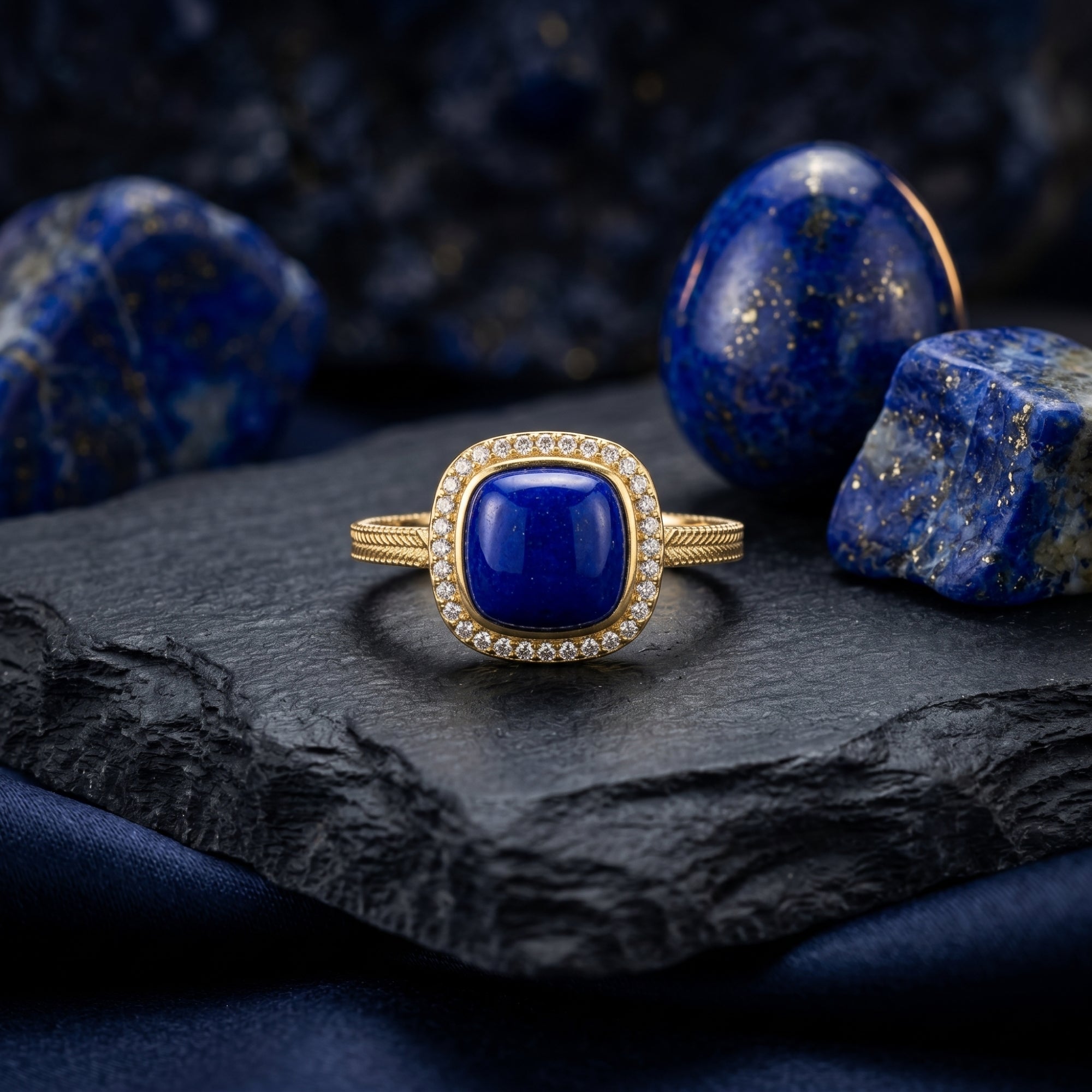 Front view close-up of the square natural lapis lazuli gemstone and textured gold band of the Amarys ring.