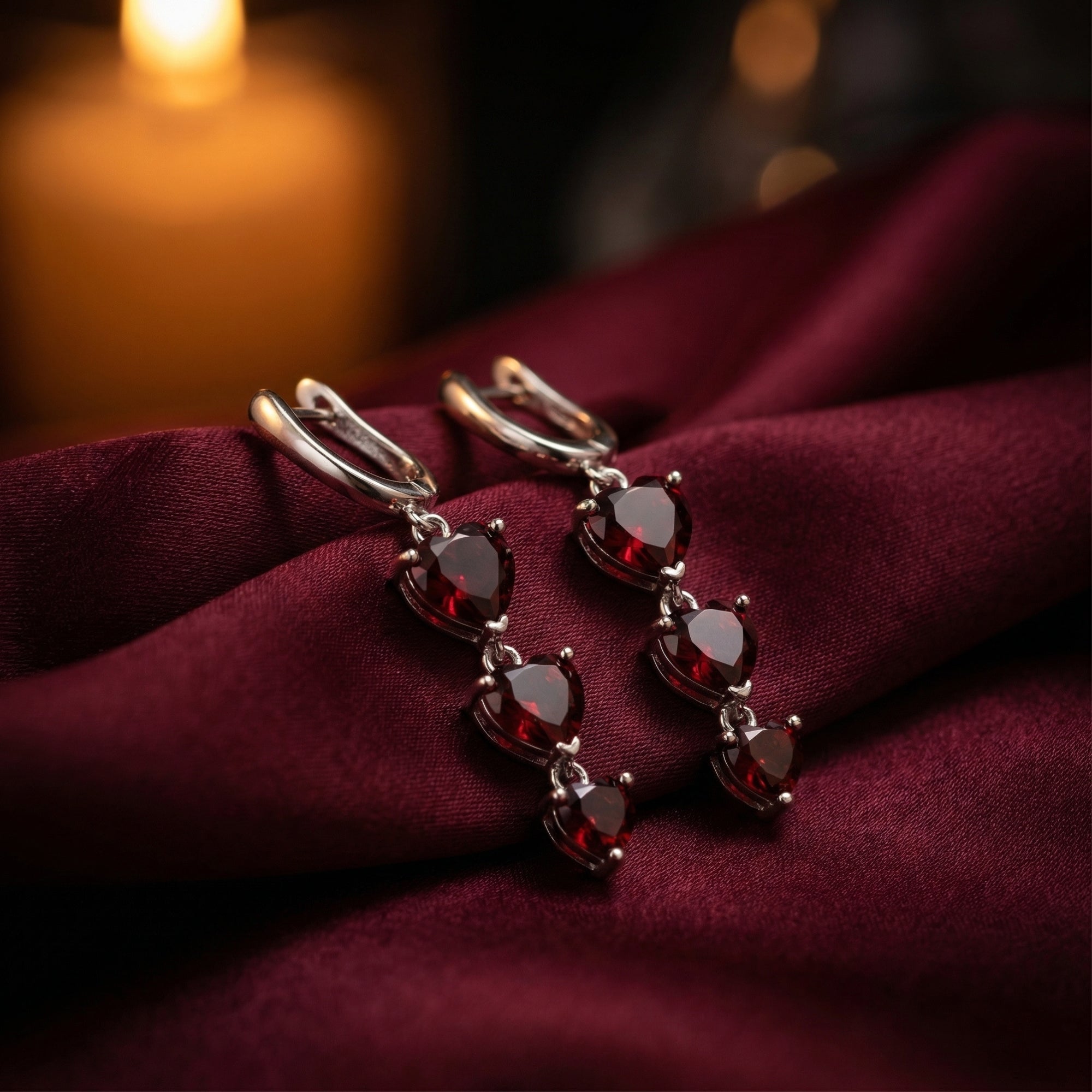 Macro view of silver heart drop earrings highlighting the three tiered heart-cut red garnets and polished metal.
