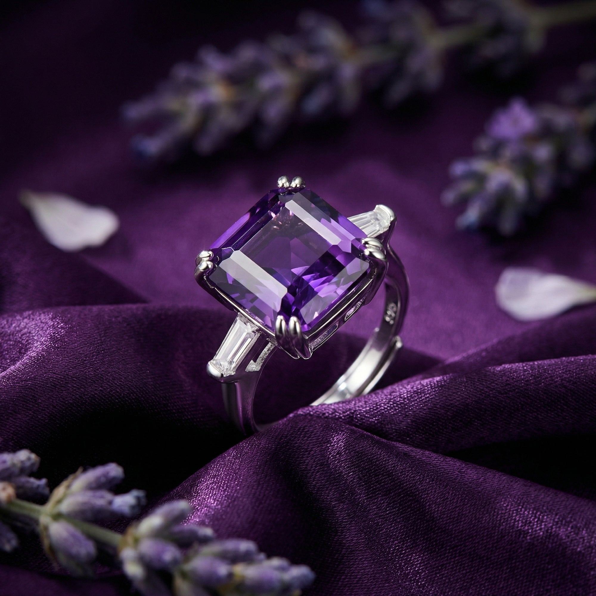 Square cut amethyst ring in sterling silver on purple silk with lavender sprigs.