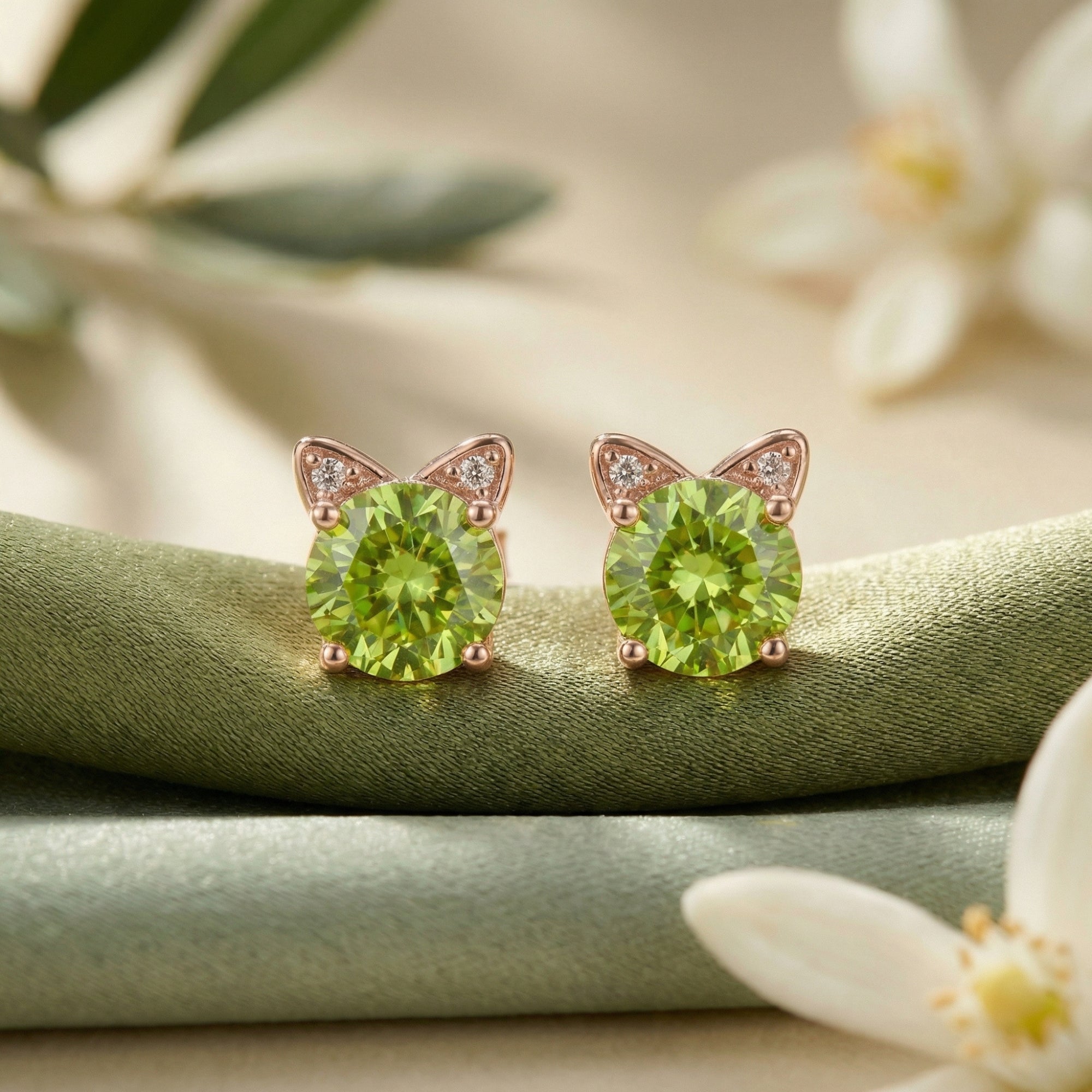 Macro view of round-cut natural peridot stones in cat-ear rose gold vermeil settings on green fabric.