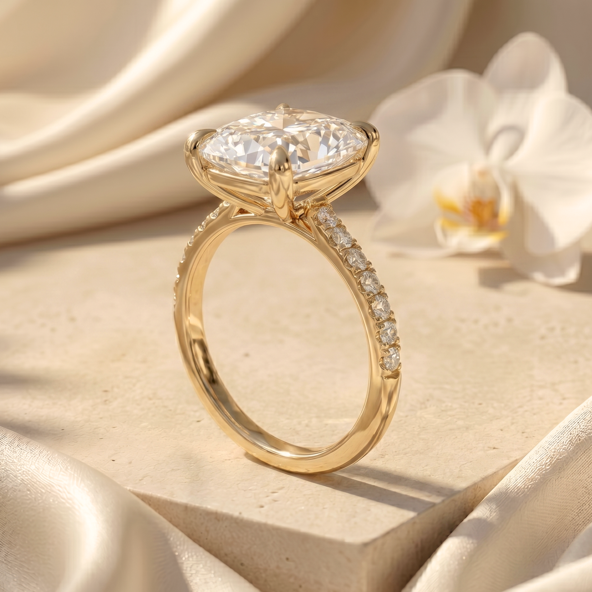 Profile view of a yellow gold cushion-cut moissanite engagement ring, showcasing its high-set basket and pave-lined band.