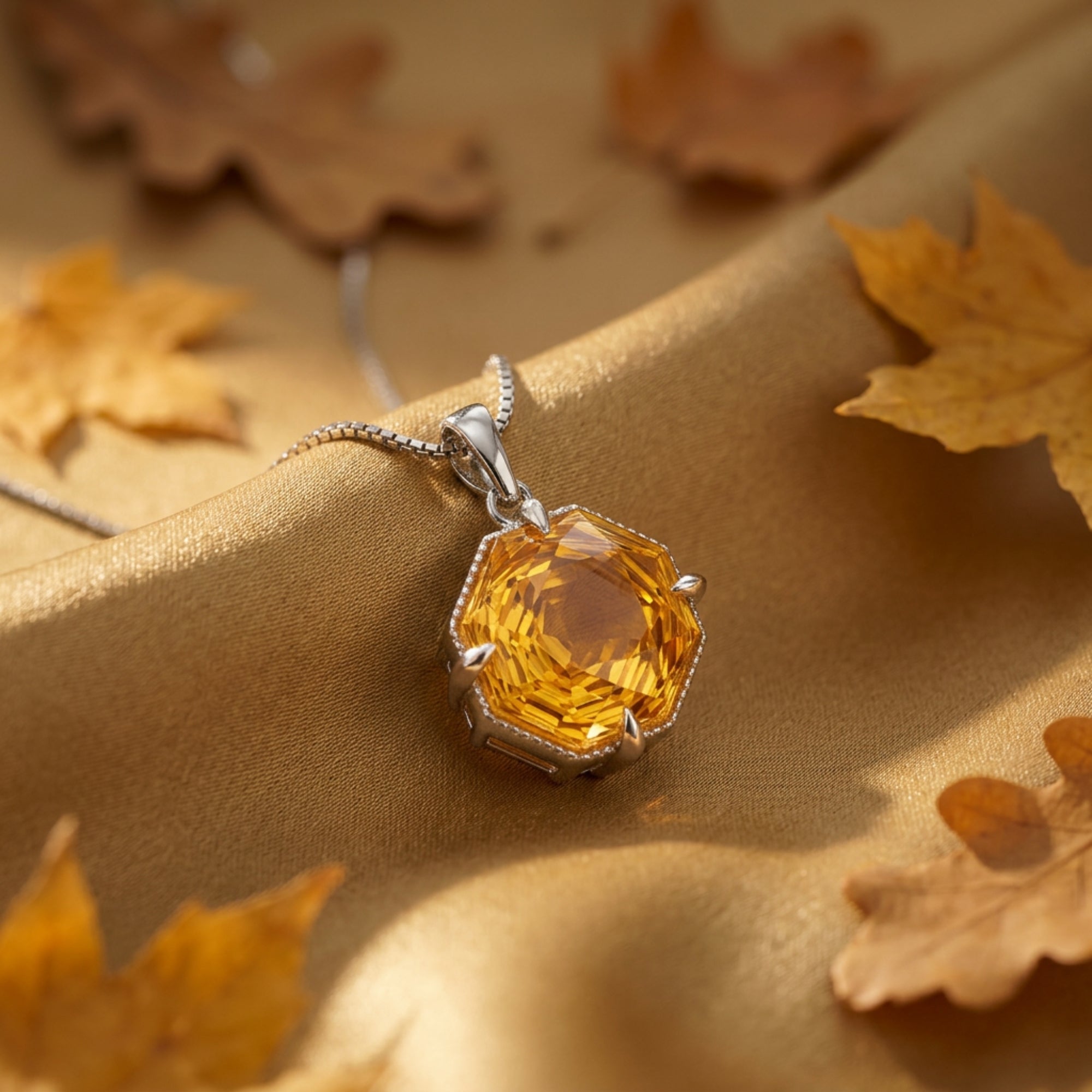 Detail shot of the 17x17mm octagon cut natural citrine pendant in a silver setting resting on textured fabric.