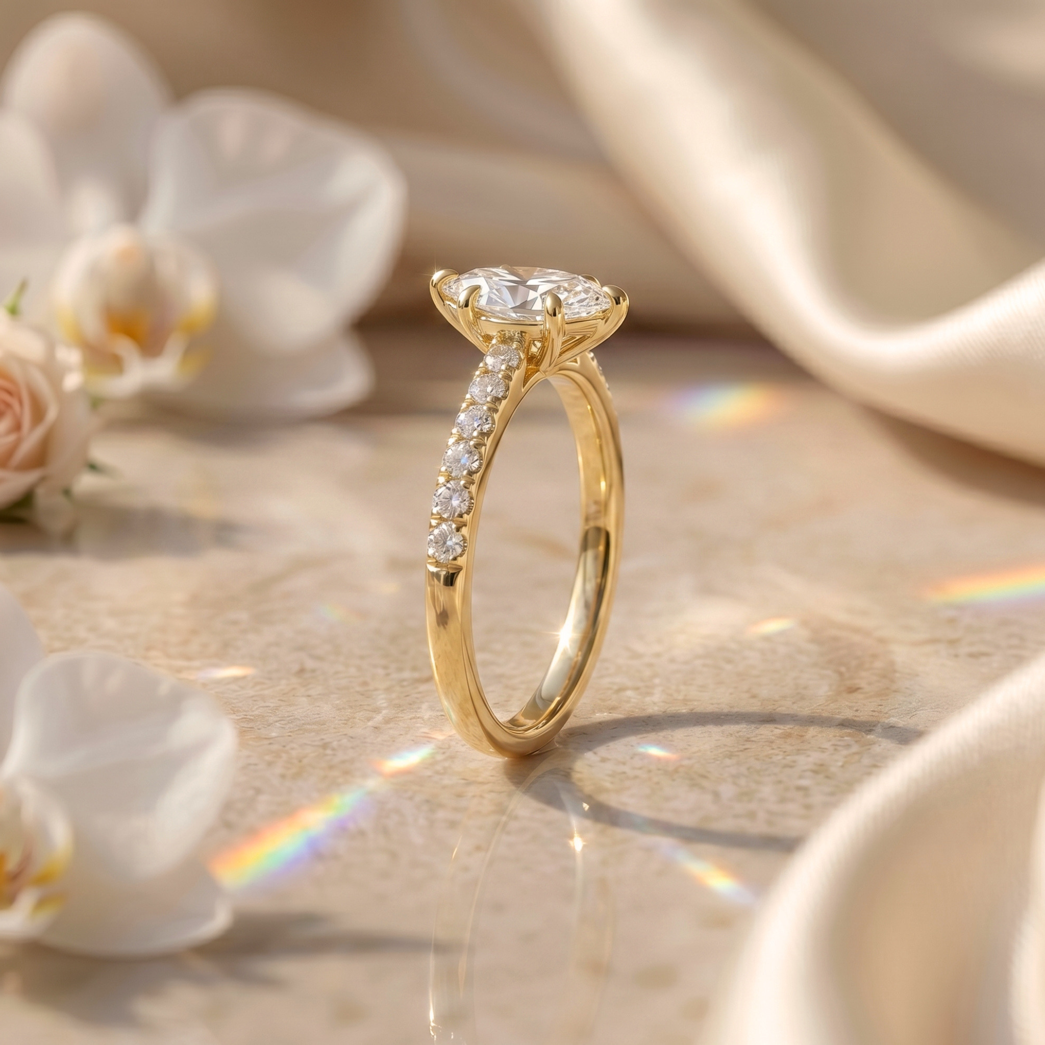 A profile view of the yellow gold marquise-cut moissanite ring highlighting its elegant setting and pavé-set band.