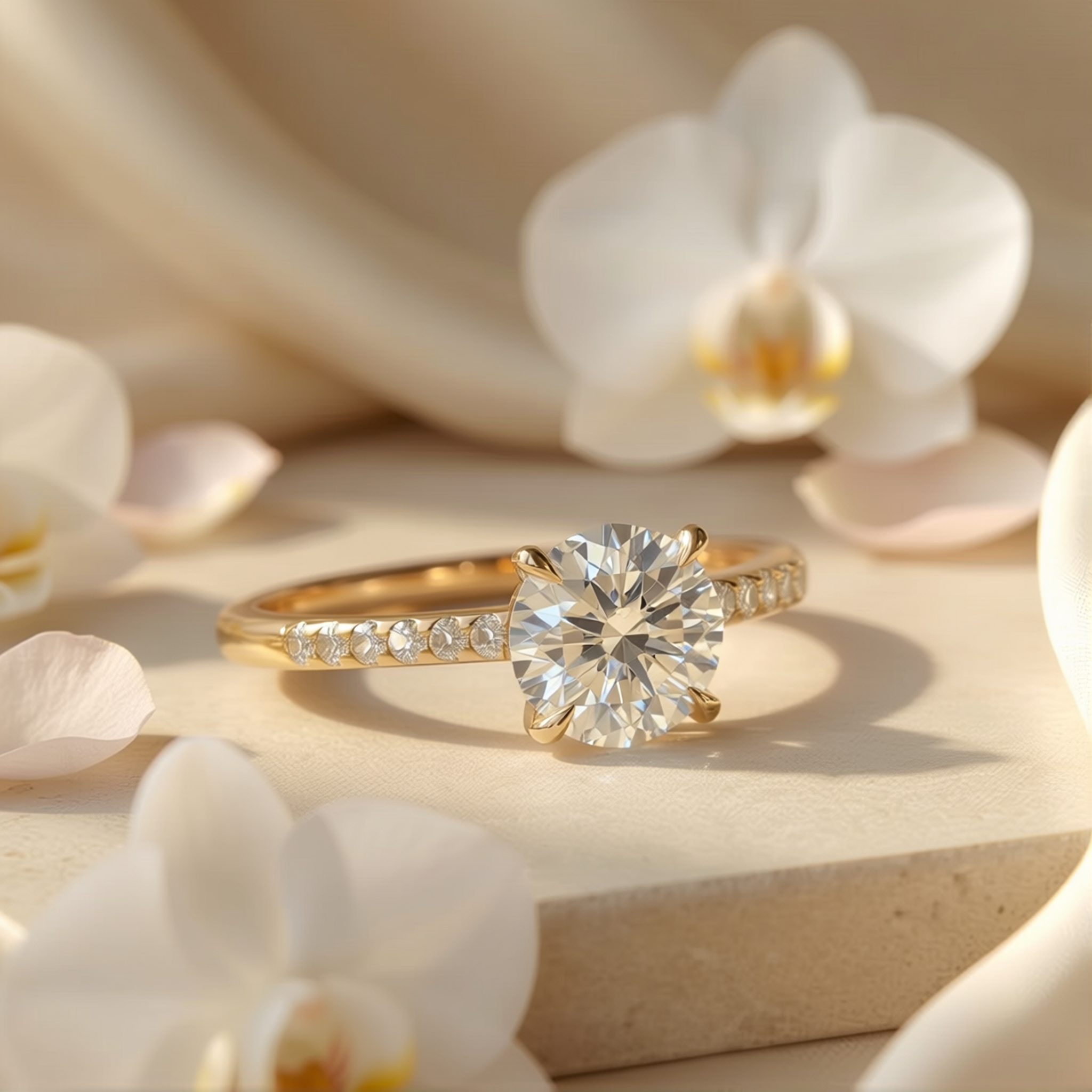A round-cut moissanite solitaire ring with a pavé yellow gold band, elegantly displayed amongst white orchid petals.