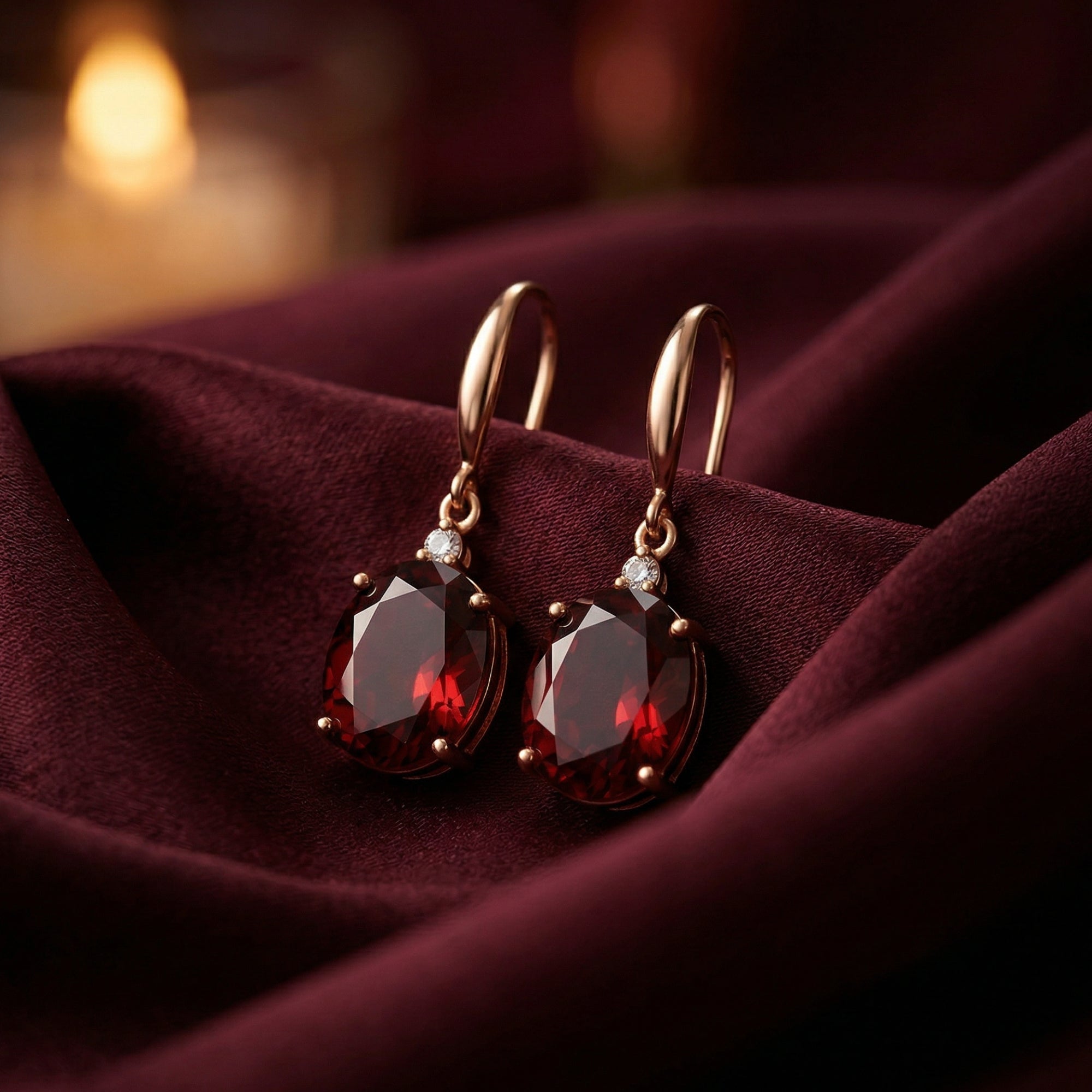 Pair of 18K rose gold drop earrings with oval cut natural garnets and diamond accents on red fabric.