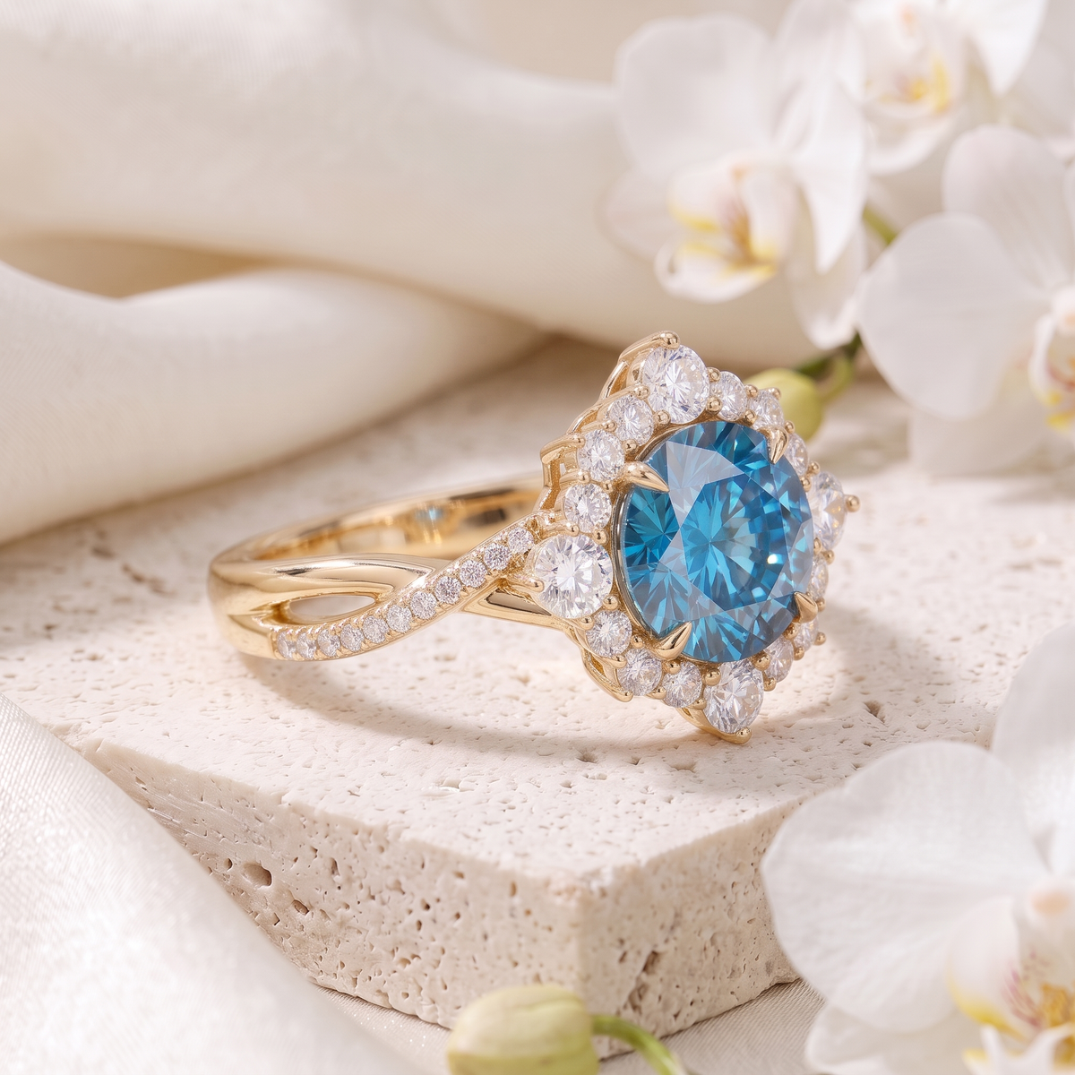 Side angle view of a yellow gold vintage-inspired ring displaying a blue round gemstone and twisted pavé shank.