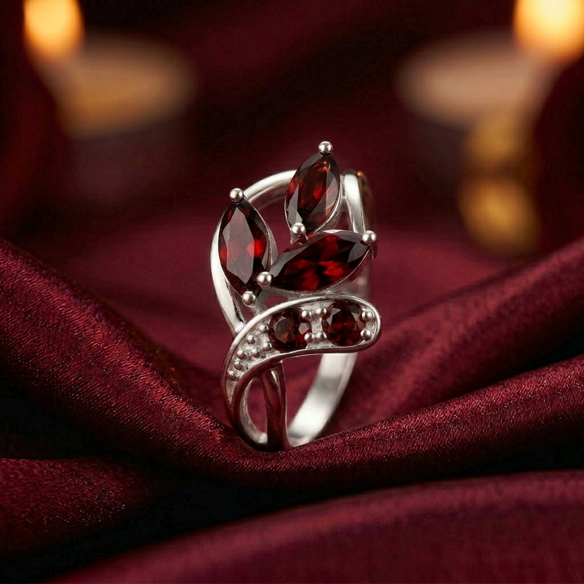 Macro view of the Elestria sterling silver garnet ring on red silk, showing the marquise and round stone settings.