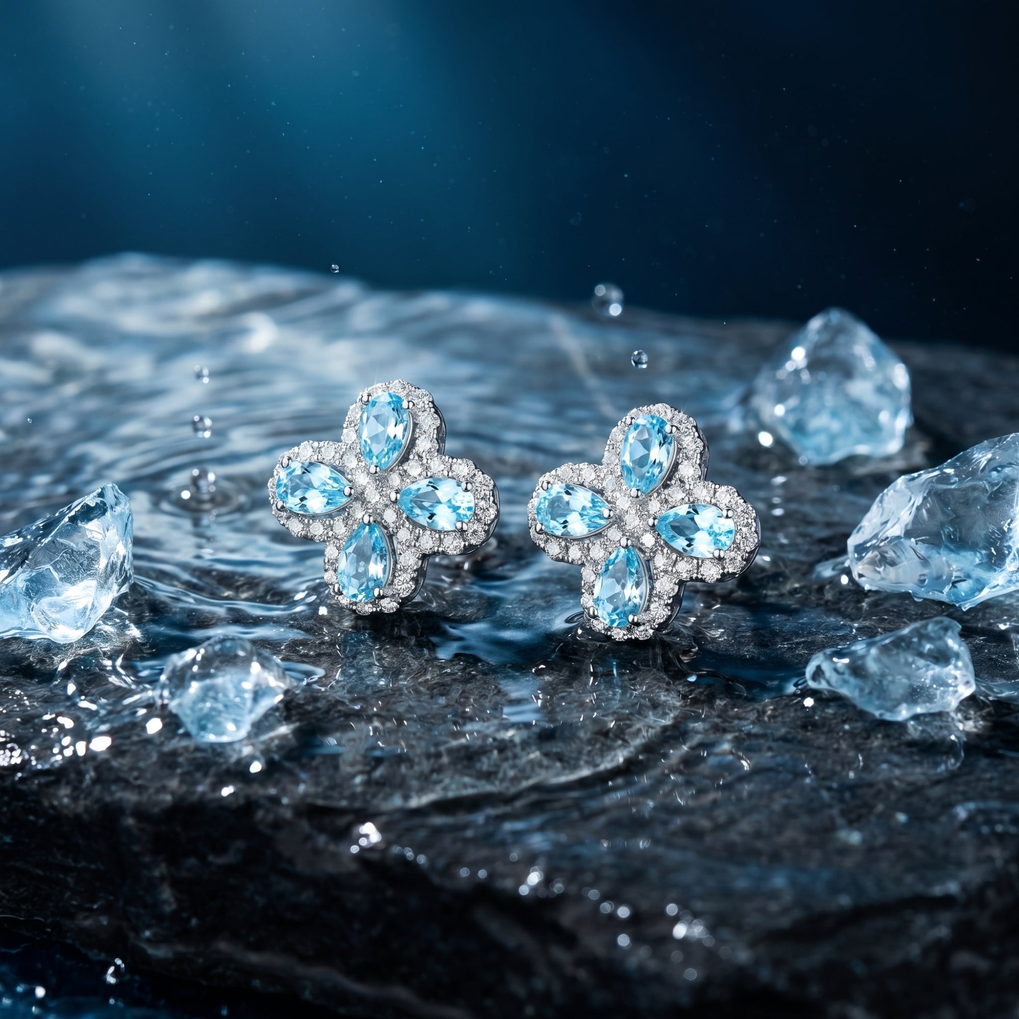 Pair of silver pear cut aquamarine floret earrings resting on a wet rock surrounded by ice crystals and water.