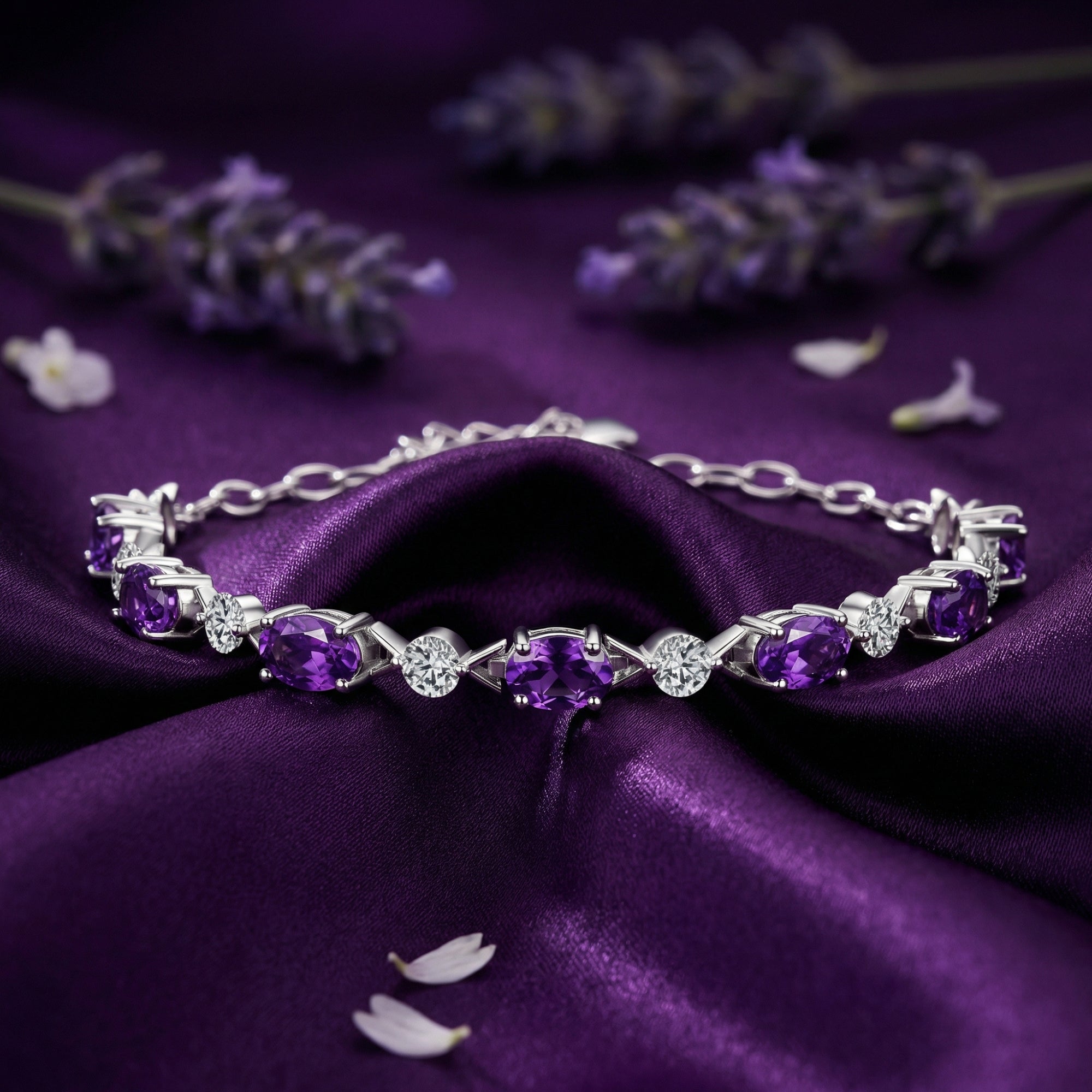 Macro view of the faceted oval amethyst stones and S925 silver settings on the Verona station bracelet.
