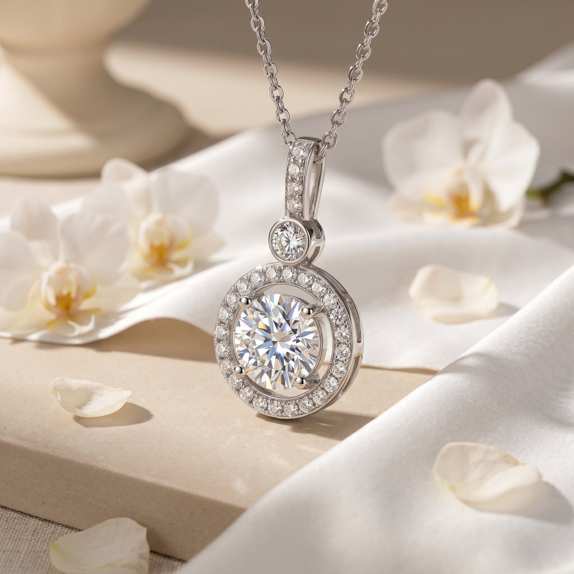 Silver Antoinette moissanite halo pendant necklace with a round center stone styled with white orchids.