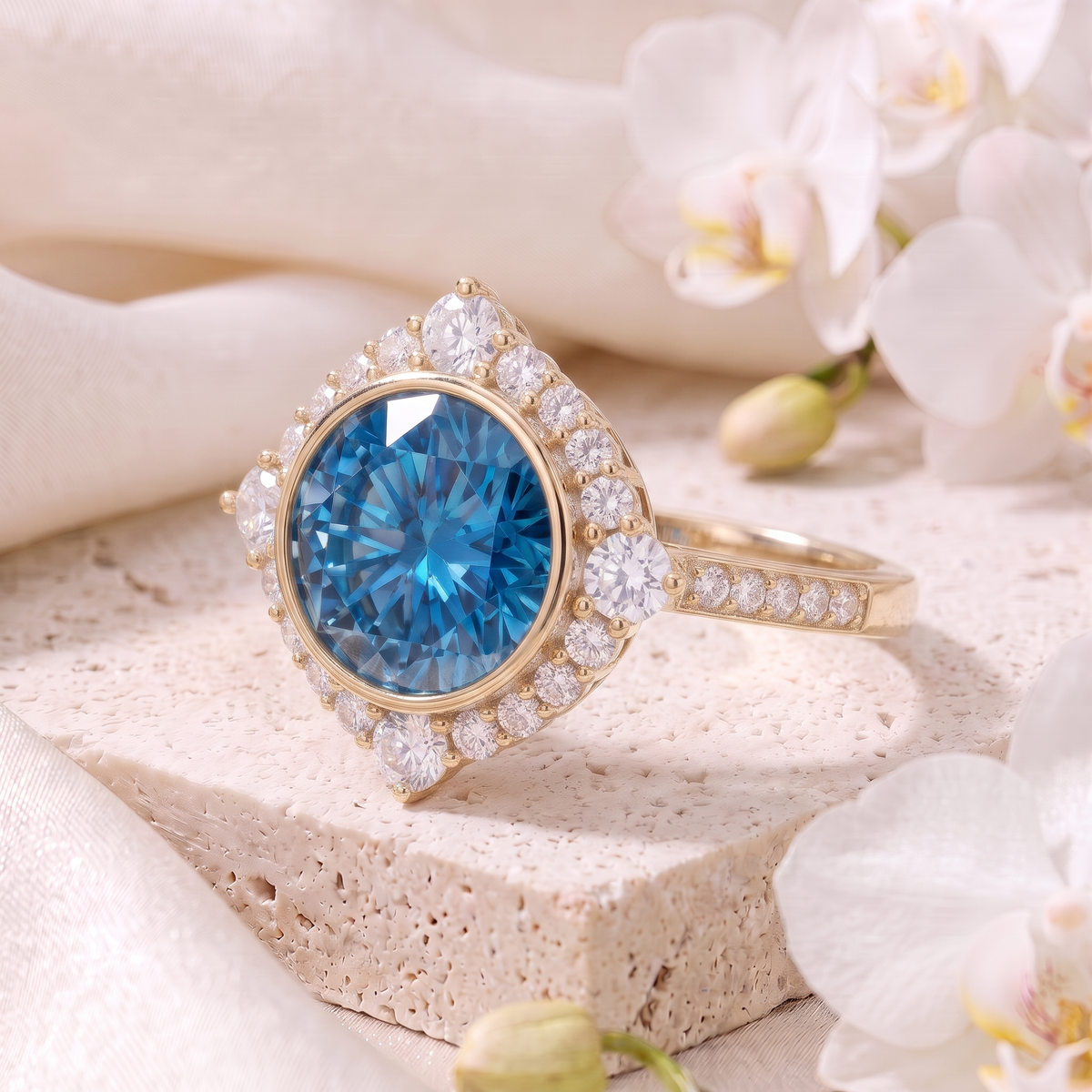 Side angle view of round cut blue moissanite halo ring in yellow gold.