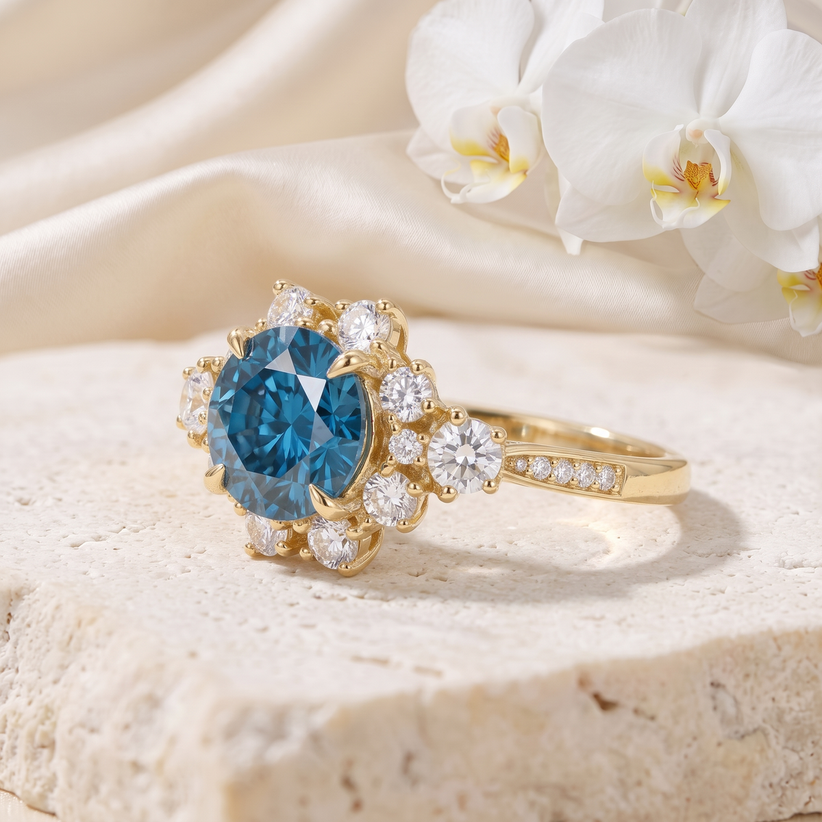 Angled view of a yellow gold engagement ring featuring a round blue moissanite with diamond cluster accents.