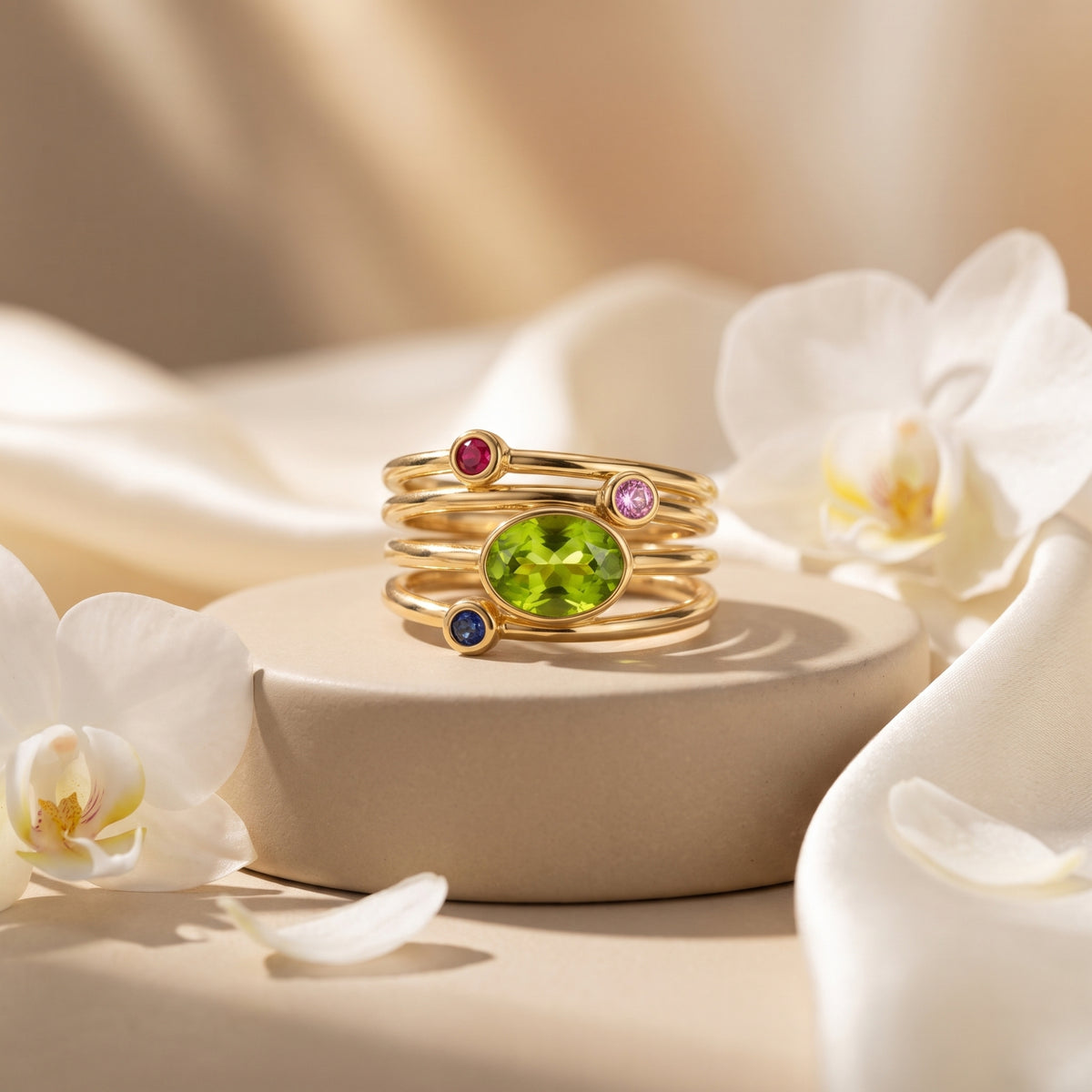 Gold-tone oval green and round coloured stacking ring details