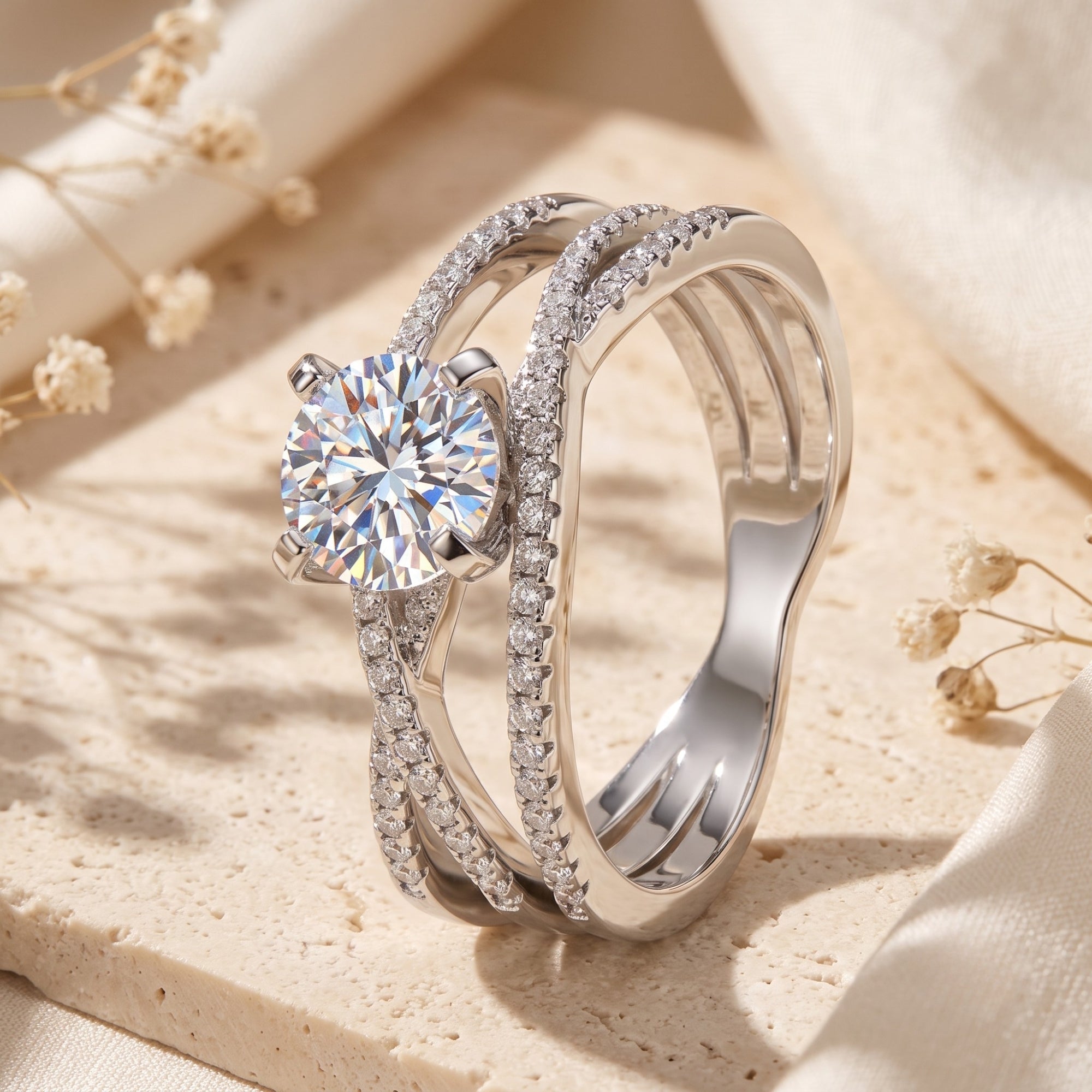 Close-up of silver criss-cross ring showing pavé-set bands and round brilliant center stone.