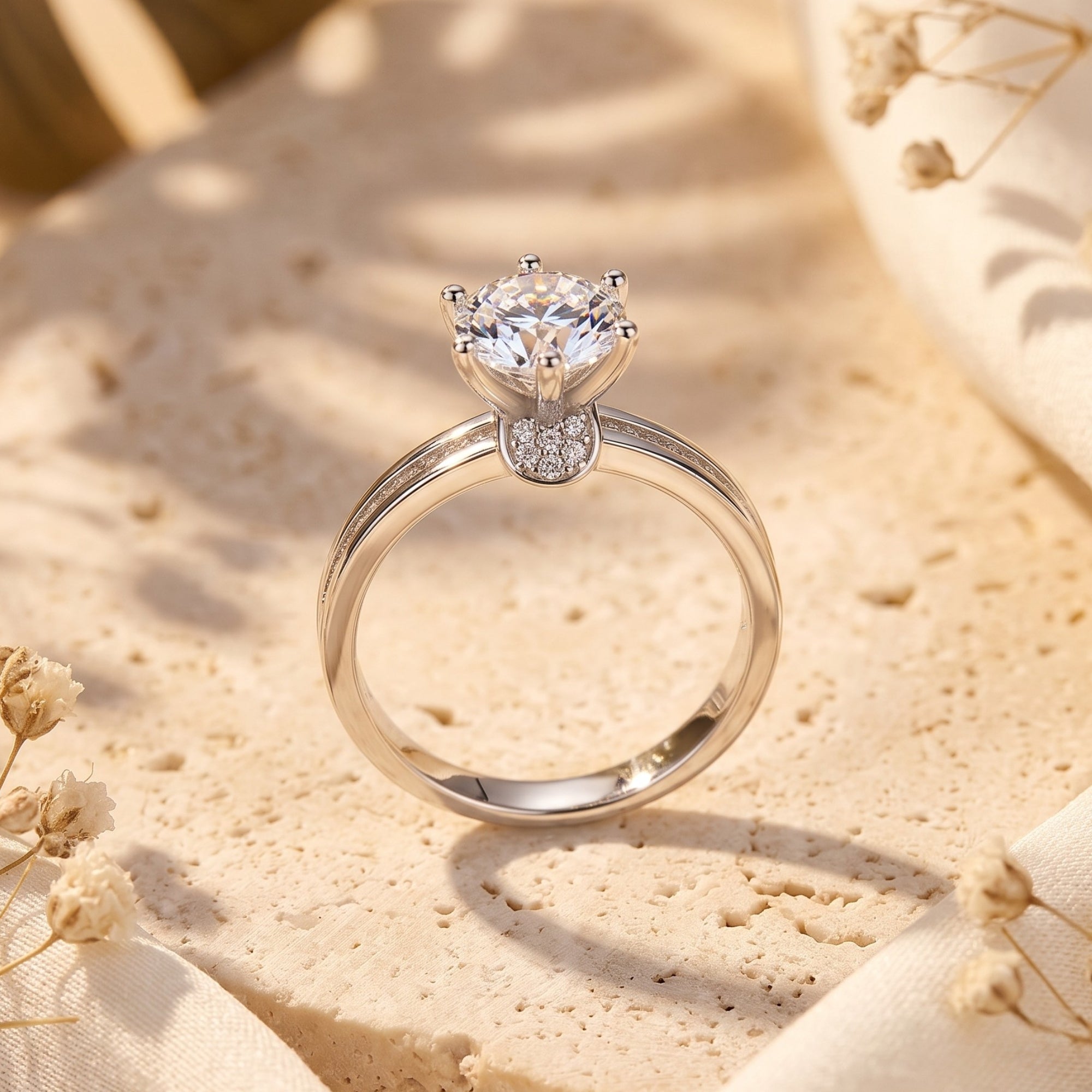 Side view of the S925 sterling silver solitaire ring and round brilliant stone.