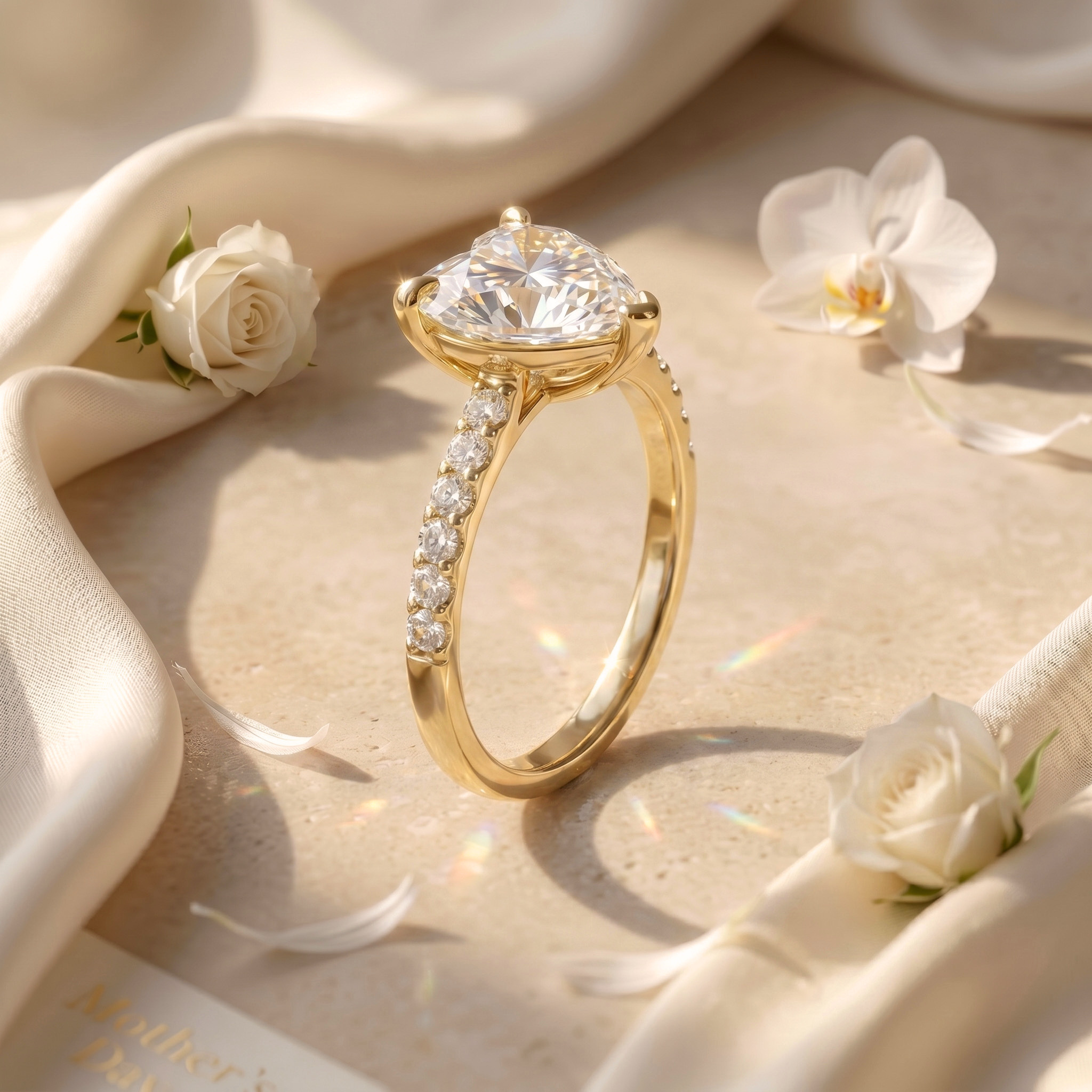 A profile view of a gold heart-shaped moissanite engagement ring showing the basket setting and side accent stones.