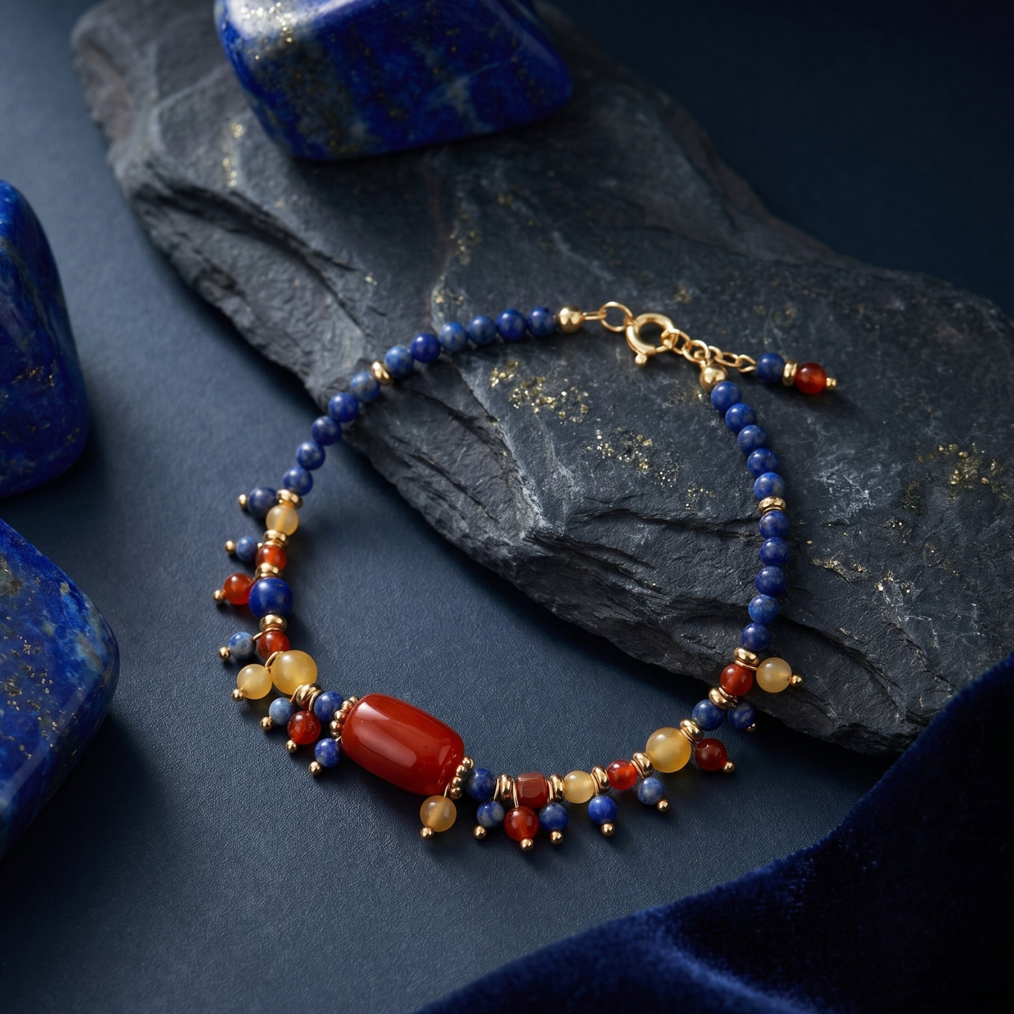 Detailed view of a gold plated lapis bracelet with a central red barrel stone and small round beads.