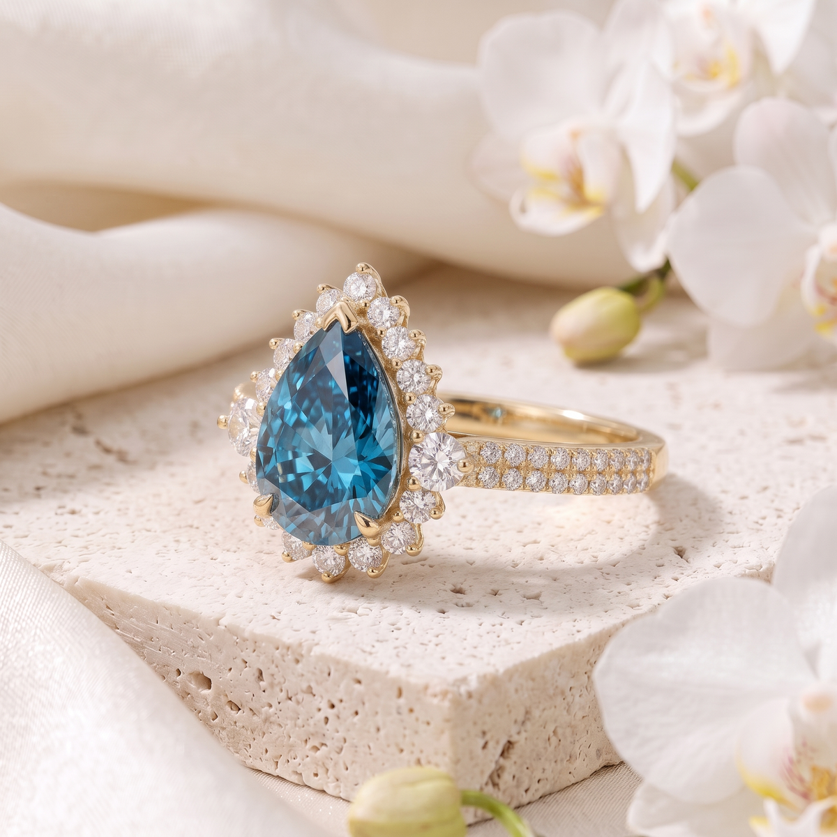 Angled side view of a pear cut blue moissanite halo engagement ring in yellow gold on a textured stone block.