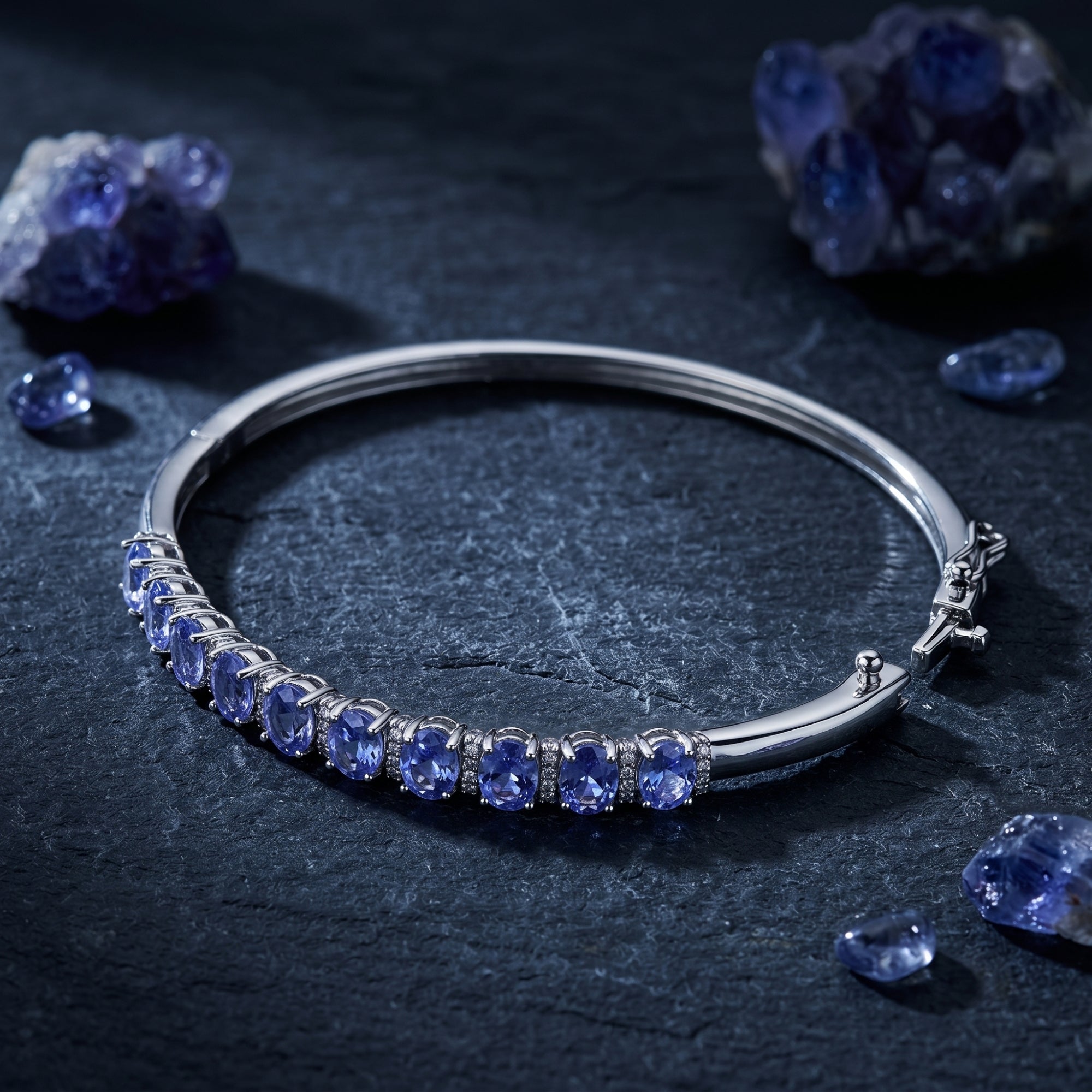Detailed view of the silver clasp and ten oval-cut natural tanzanite stones on a textured dark stone surface.