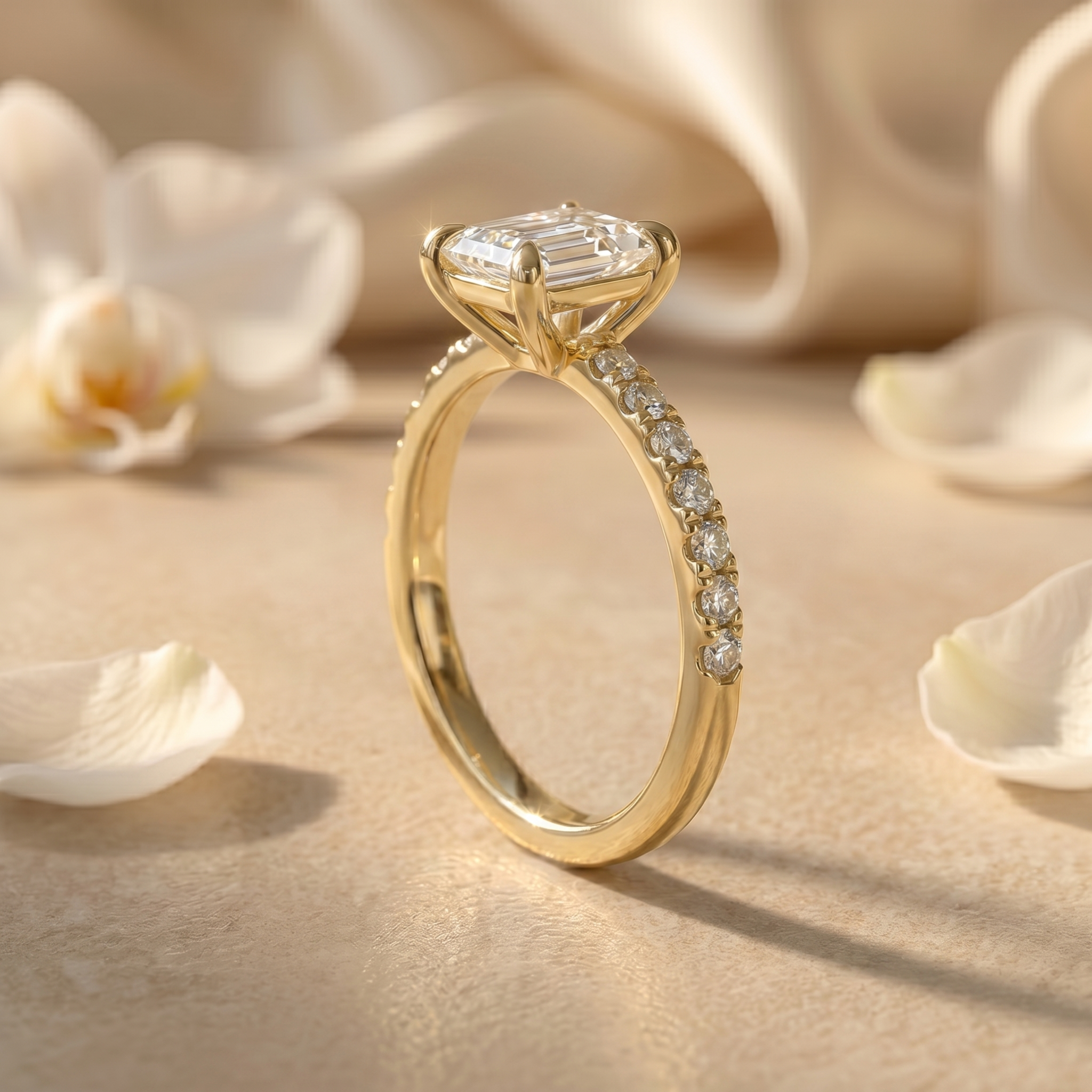A profile view of the yellow gold emerald cut moissanite ring showing the elegant side details of the pave band and setting.