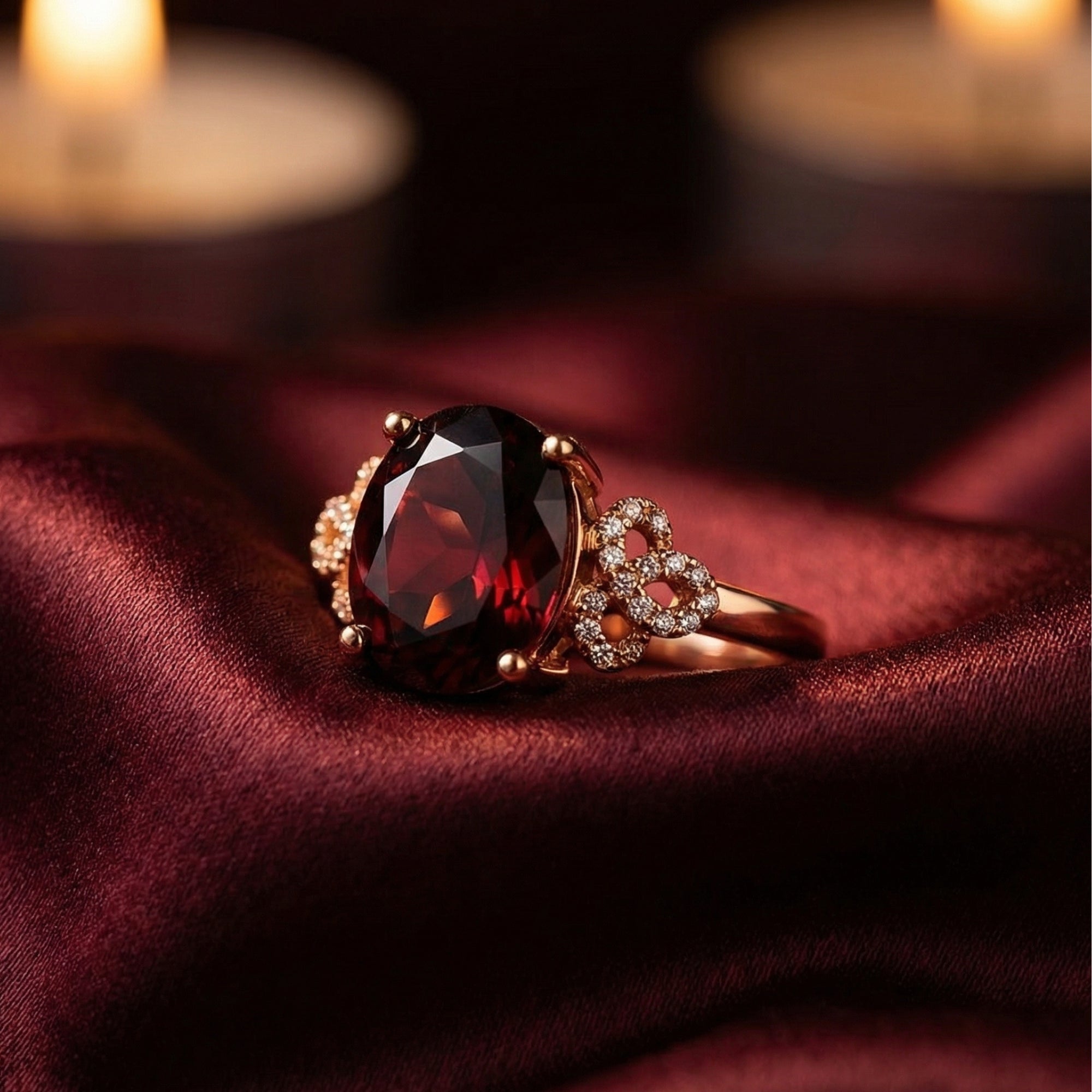 Side view of the oval garnet halo ring in 18K rose gold resting on dark red silk with candles.