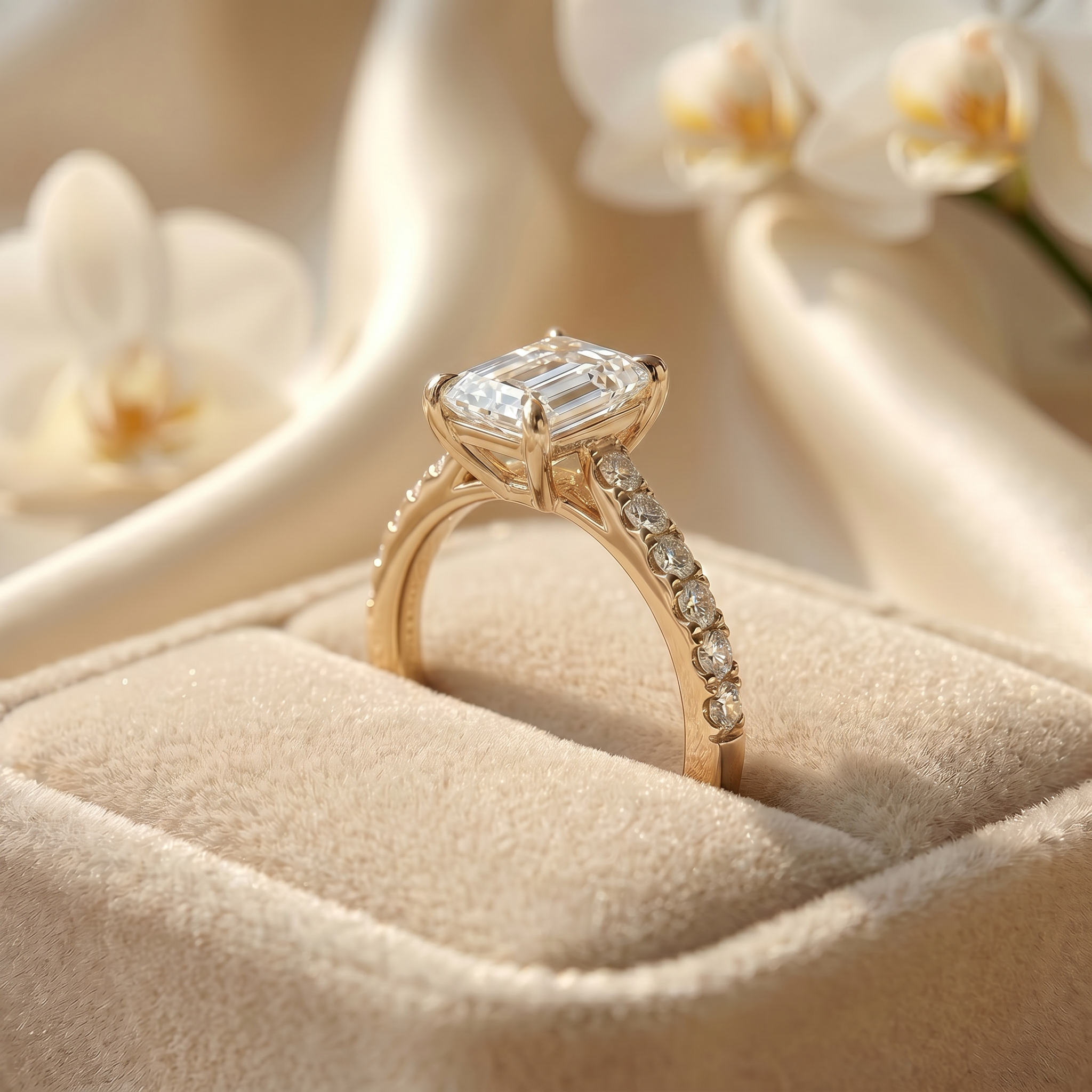 Profile view of a yellow gold emerald cut moissanite ring nestled in a beige velvet ring box.