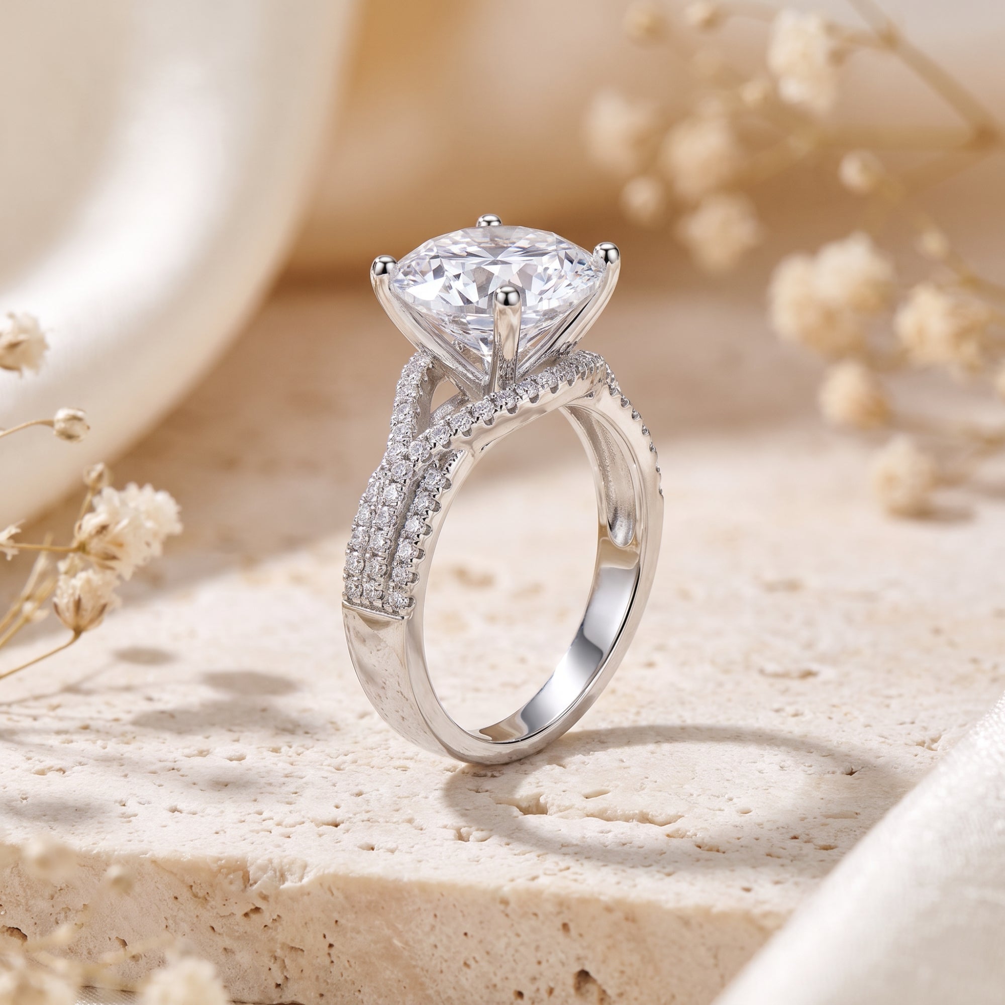 Side view of sterling silver twisted solitaire ring with round cubic zirconia.