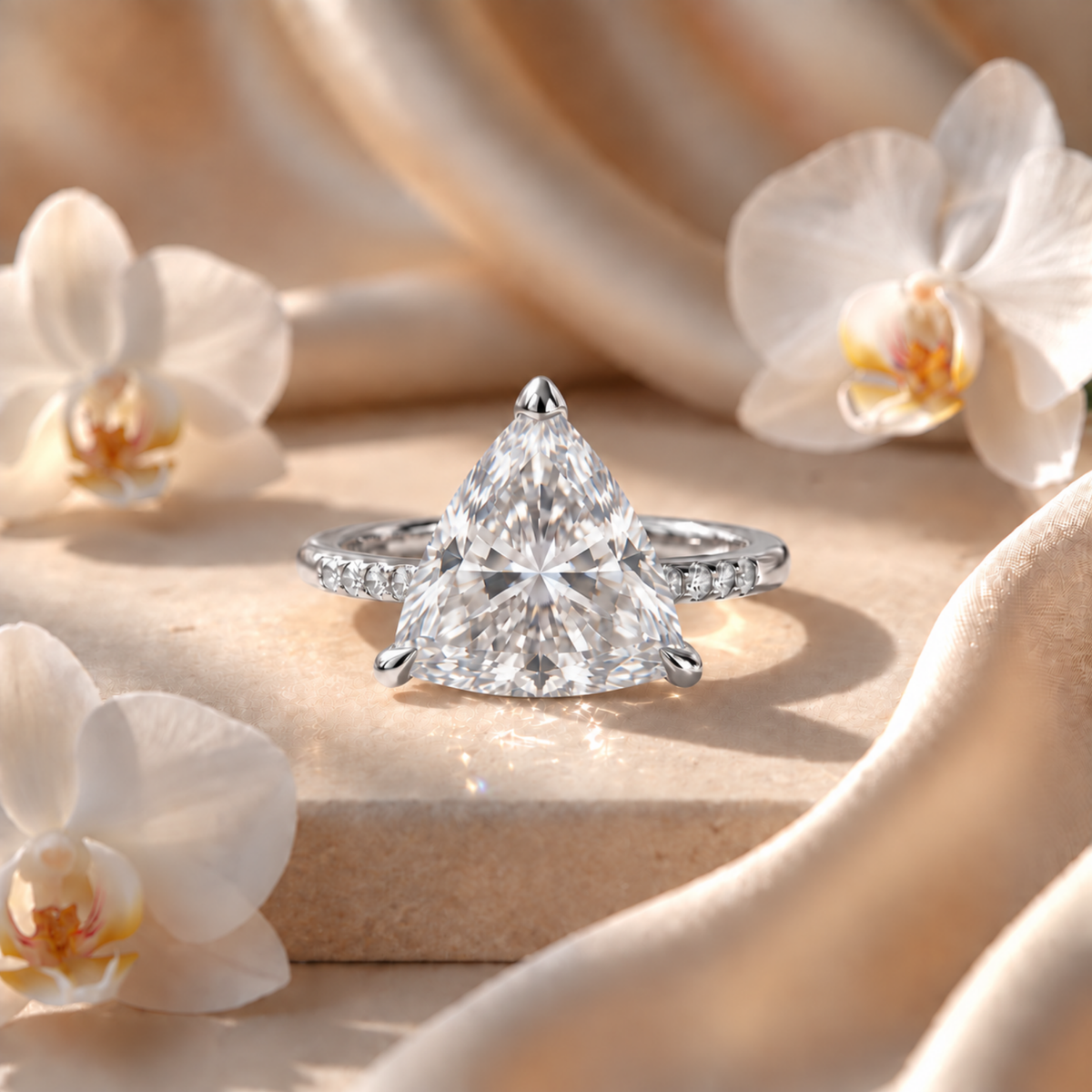 Front view of a white gold trillion-cut moissanite engagement ring with a pavé band.