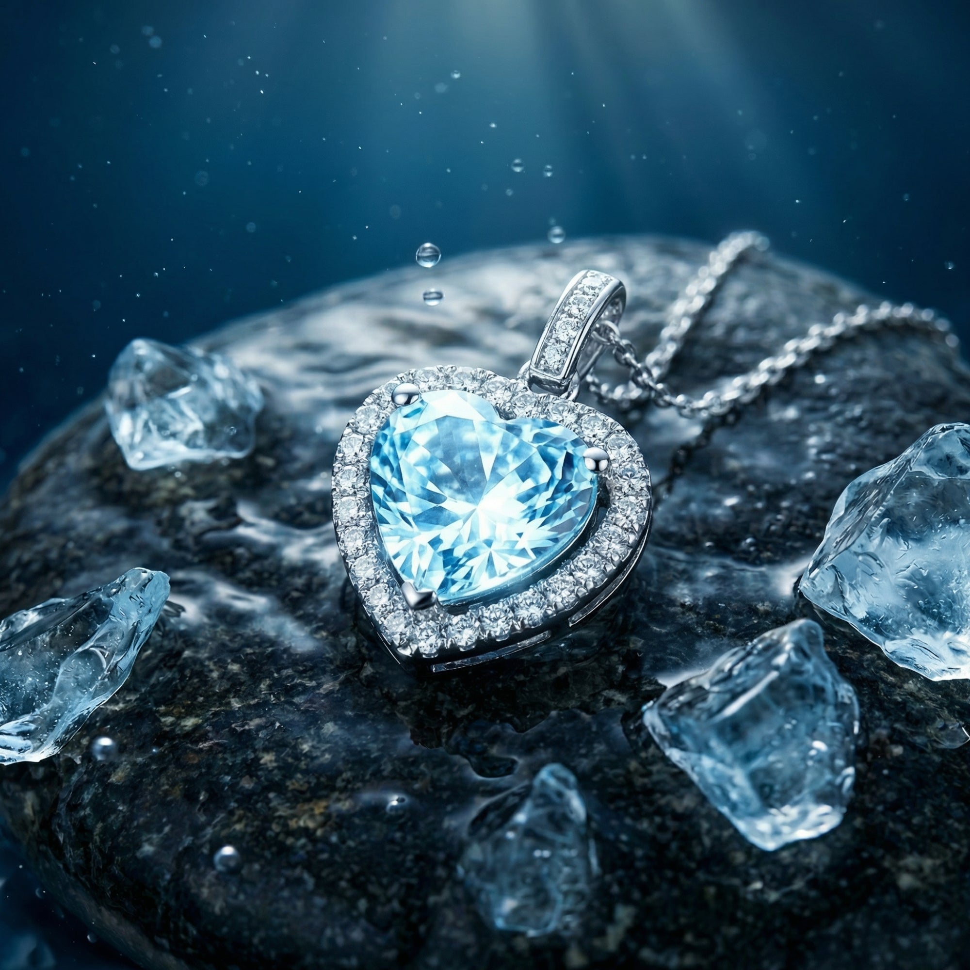 Close-up of a heart-cut natural aquamarine halo pendant in platinum, resting on a dark rock with water droplets.