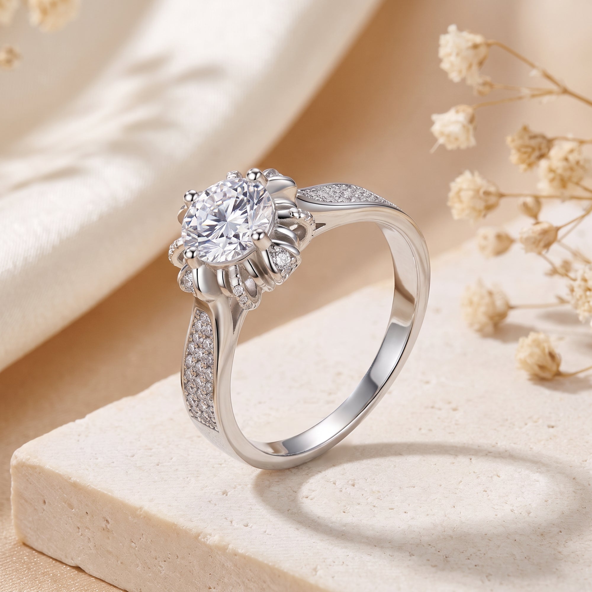 Close-up of the starburst multi-prong setting and pavé band on a silver cubic zirconia solitaire ring.