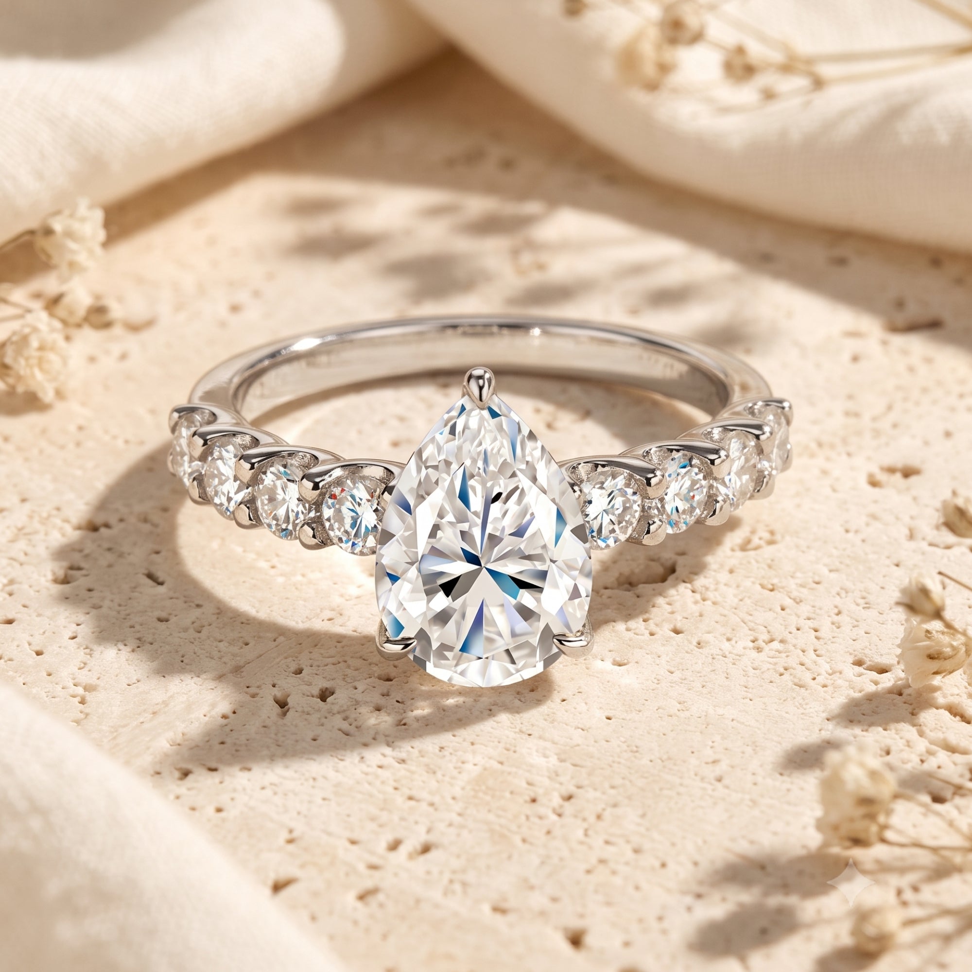 Front view of the silver pear-cut solitaire ring with shimmering side stones.