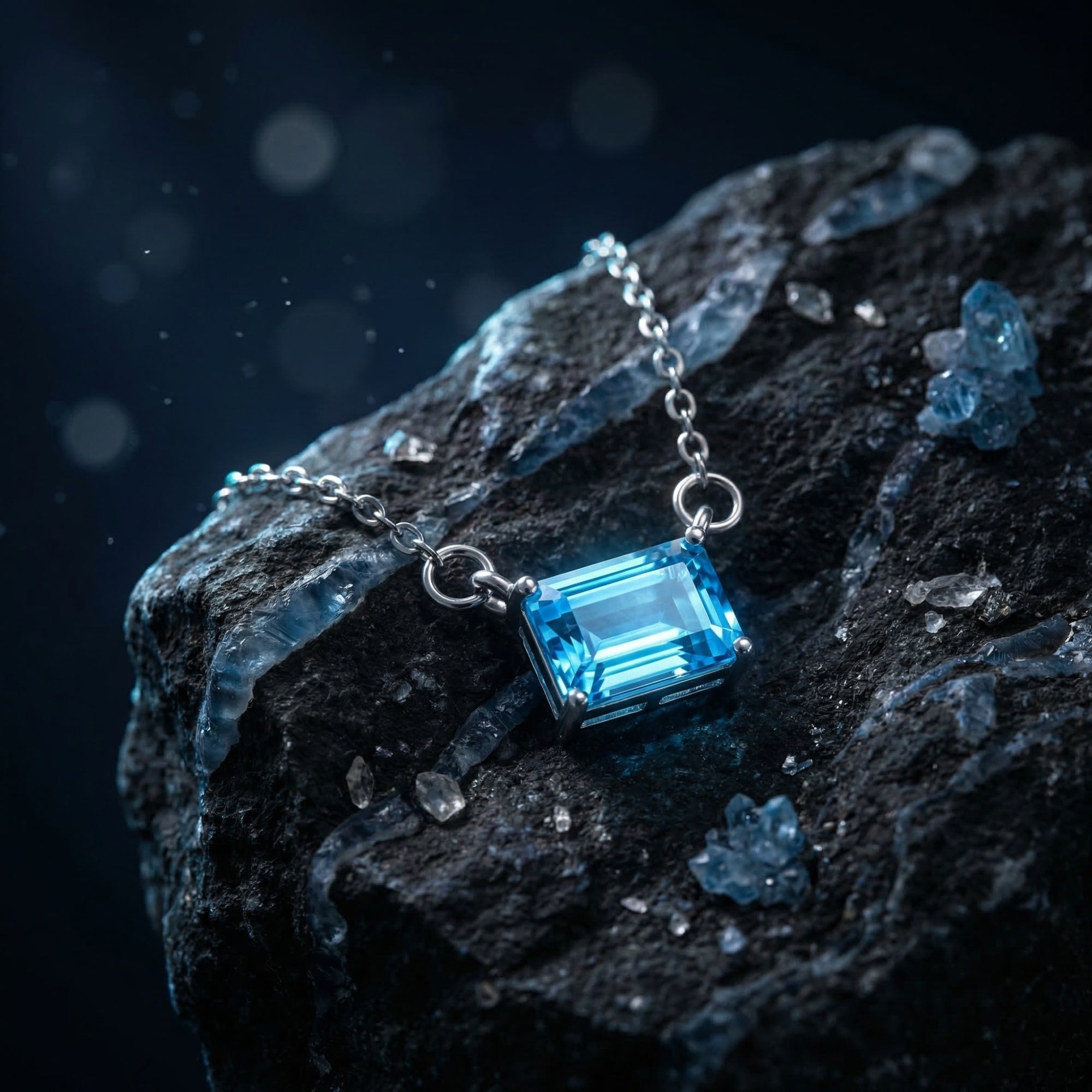 Macro view of an emerald cut blue topaz pendant in white gold on a dark, rugged stone background.