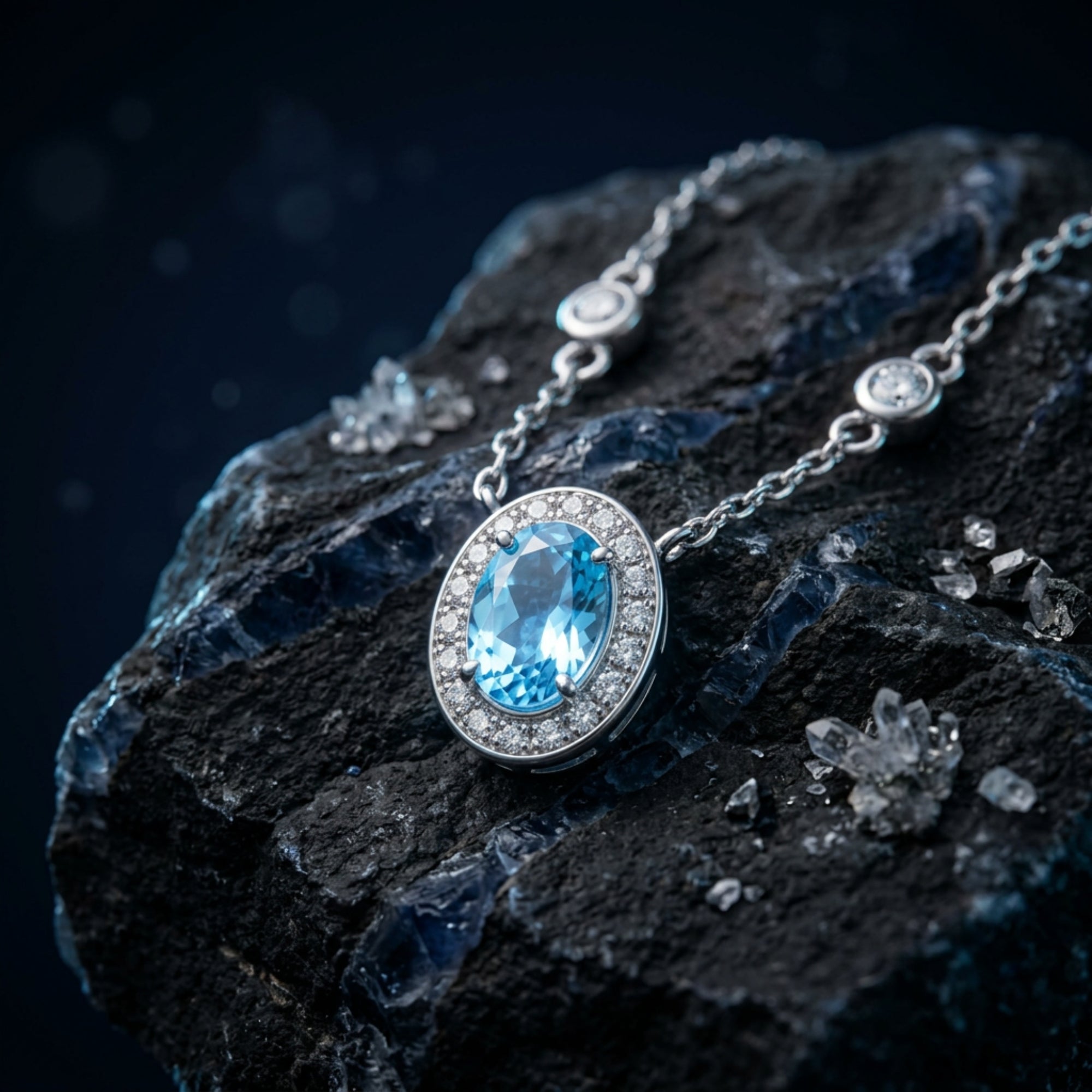 Angled view of the oval blue topaz pendant and silver chain resting on a dark rock with crystals.