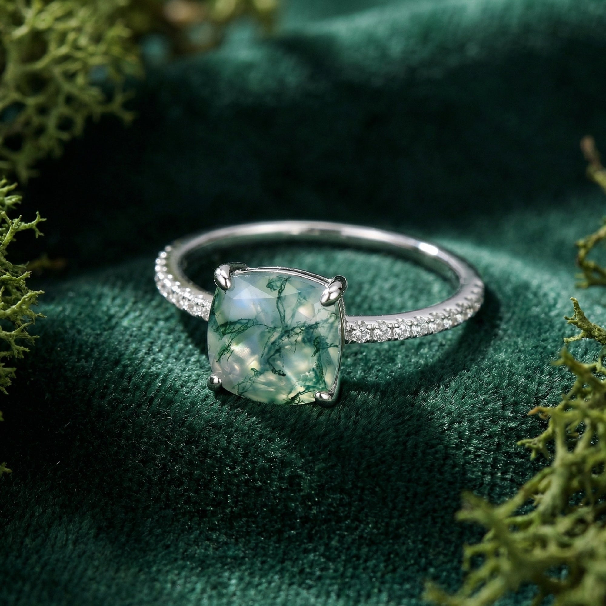 Kussen Geslepen Natuurlijke Mos Agaat Pavé Ring - S925 Sterling Zilver