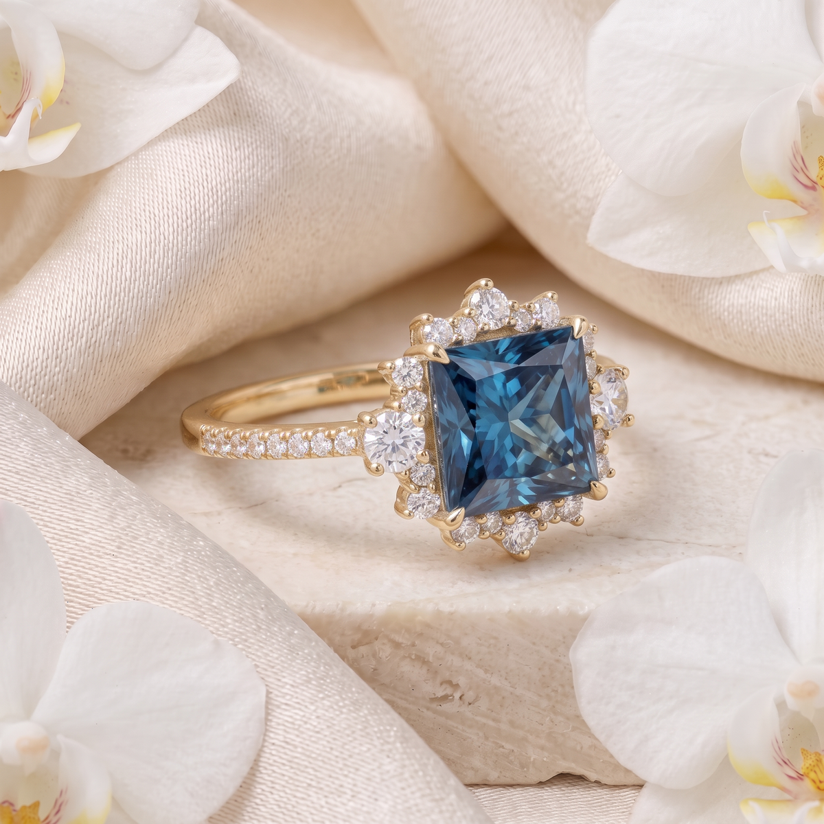 Angled view of a yellow gold ring showcasing a princess cut blue stone and diamond halo.