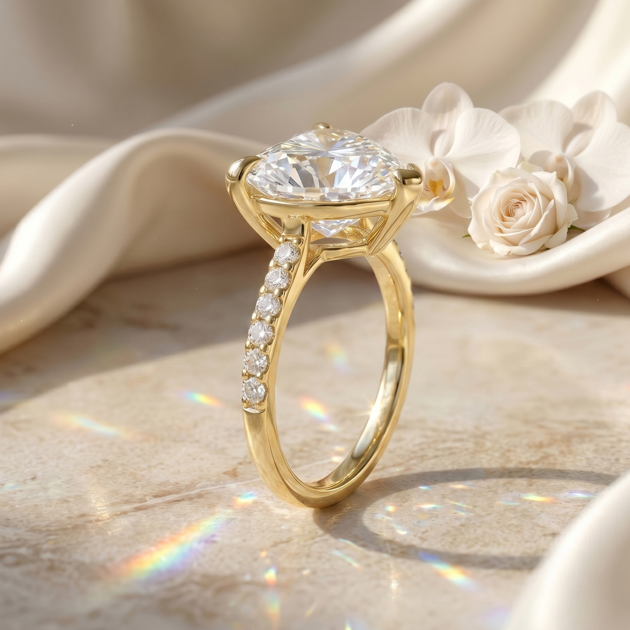 A profile view of a yellow gold heart-shaped moissanite engagement ring showing the detailed basket setting and pavé band.