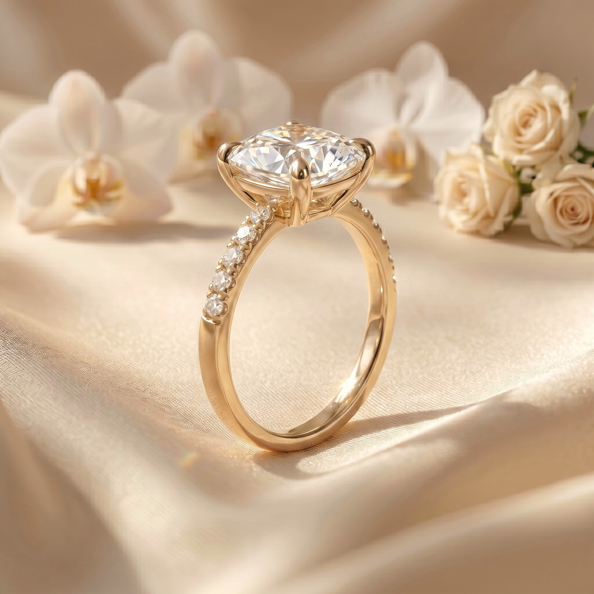 A detailed profile view of a yellow gold cushion cut moissanite engagement ring highlighting the diamond-accented setting.