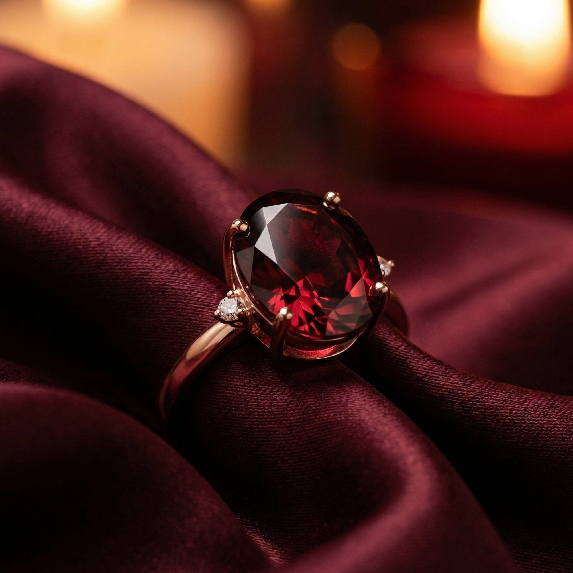 Close-up of the 6ct oval natural garnet ring in 18K rose gold, highlighting the gemstone and diamond accents.