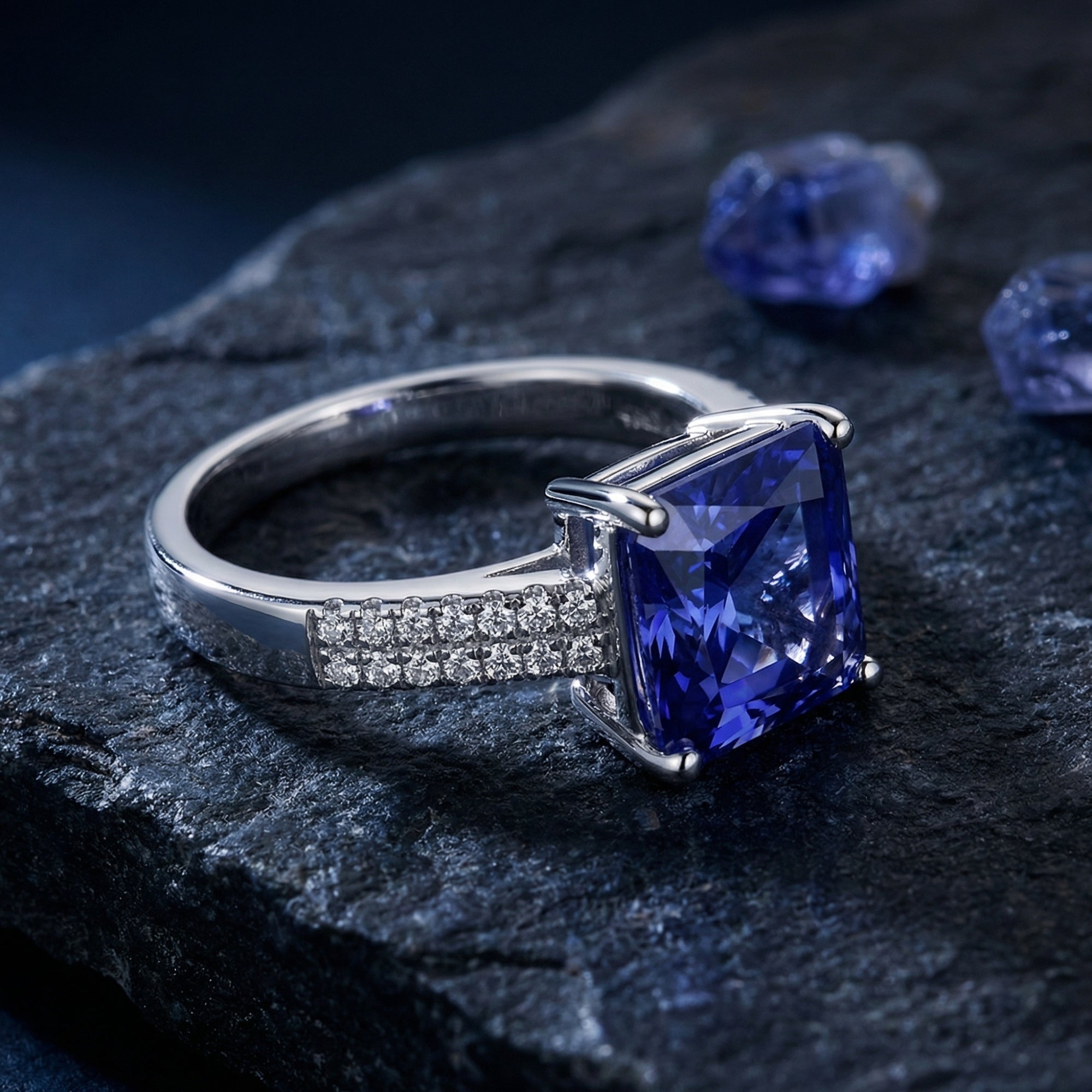 Close-up of a princess cut tanzanite ring in 925 sterling silver, showing the double-row zircon pavé band.