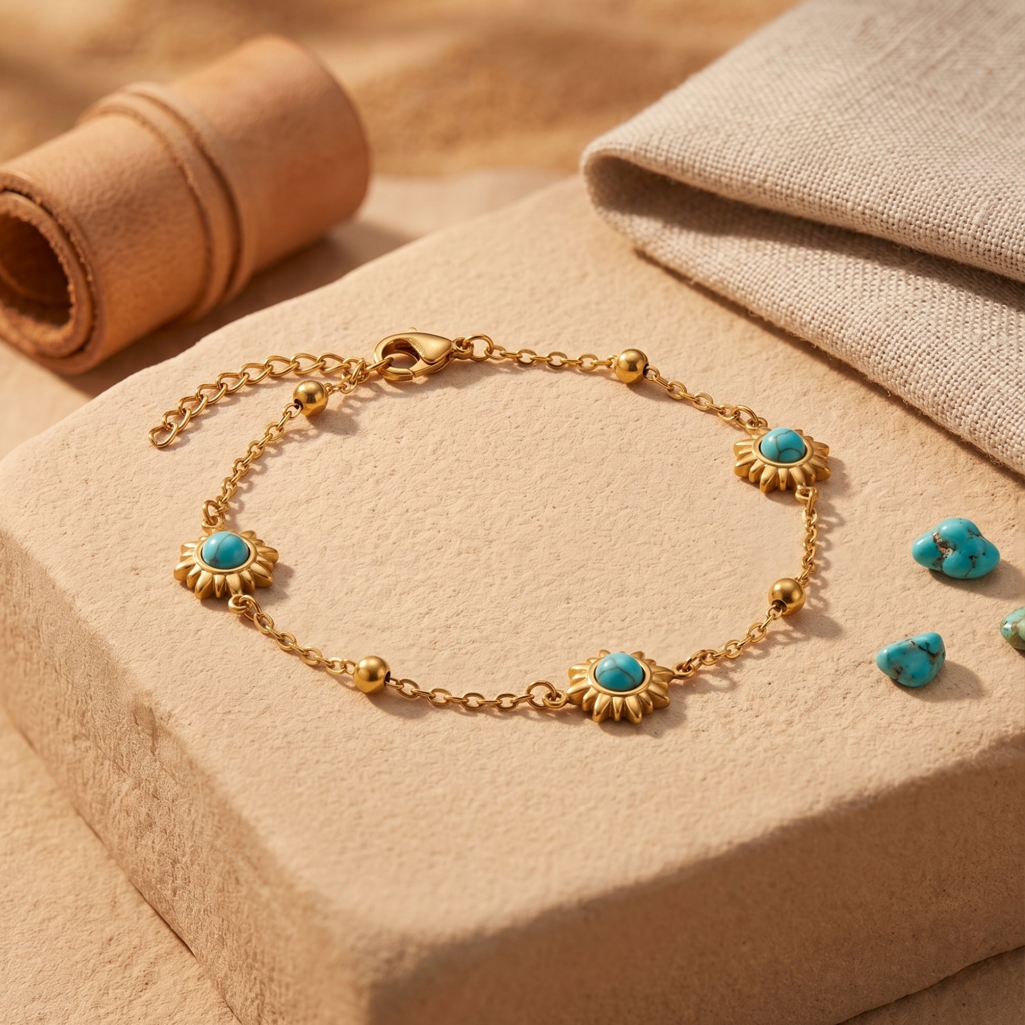 Detailed view of gold-finished sunburst frames and turquoise stones on the Palo Verde bracelet.