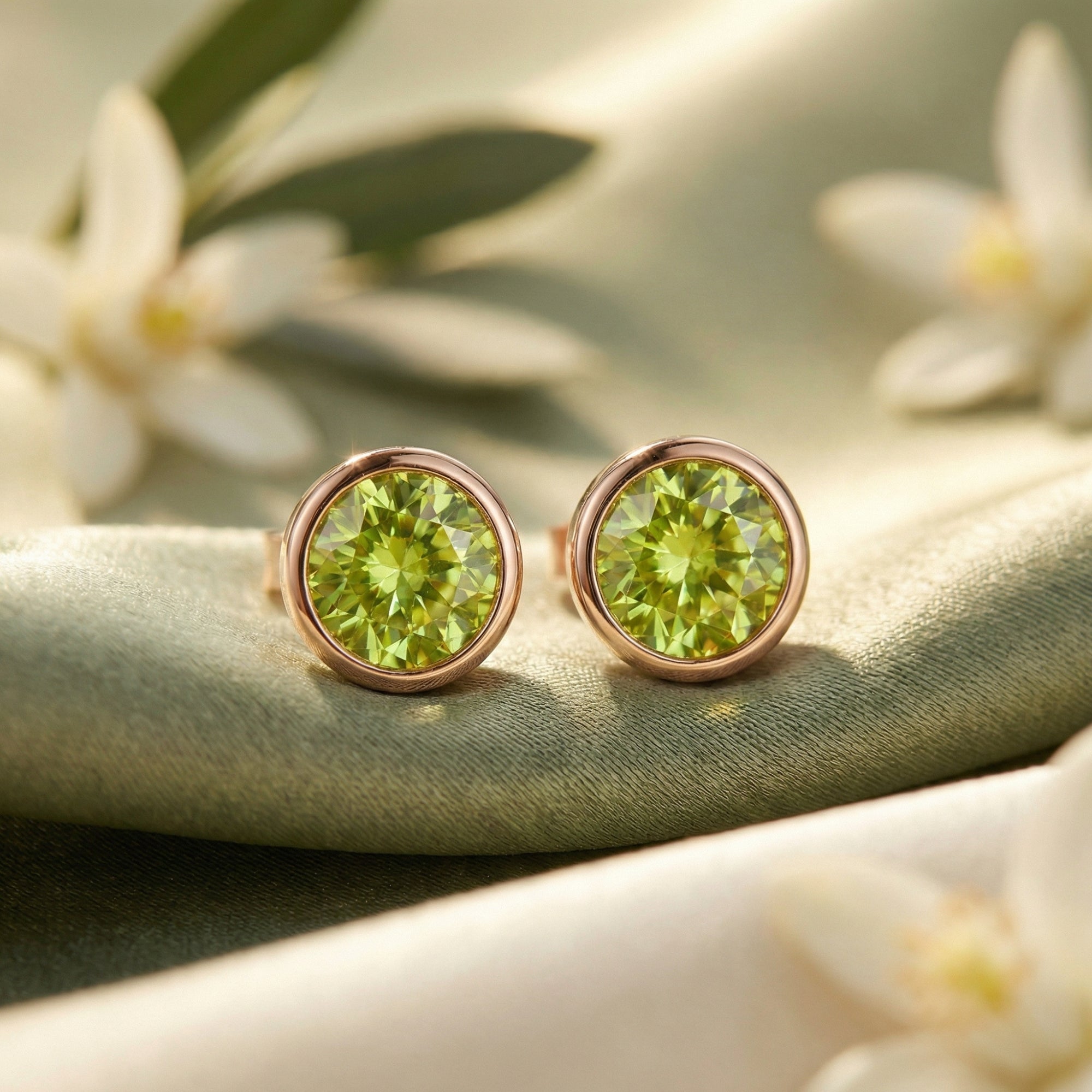 Macro view of two 6mm round cut natural peridot gemstones in 18K rose gold vermeil bezel stud settings.