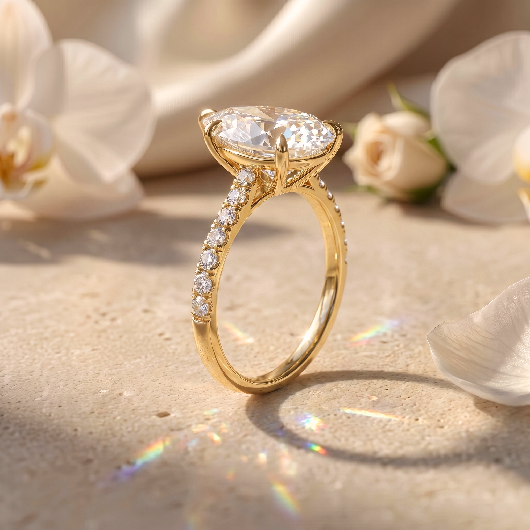 Side profile view of a yellow gold pear-cut moissanite engagement ring, showcasing the intricate basket and pavé-set diamonds on the band.