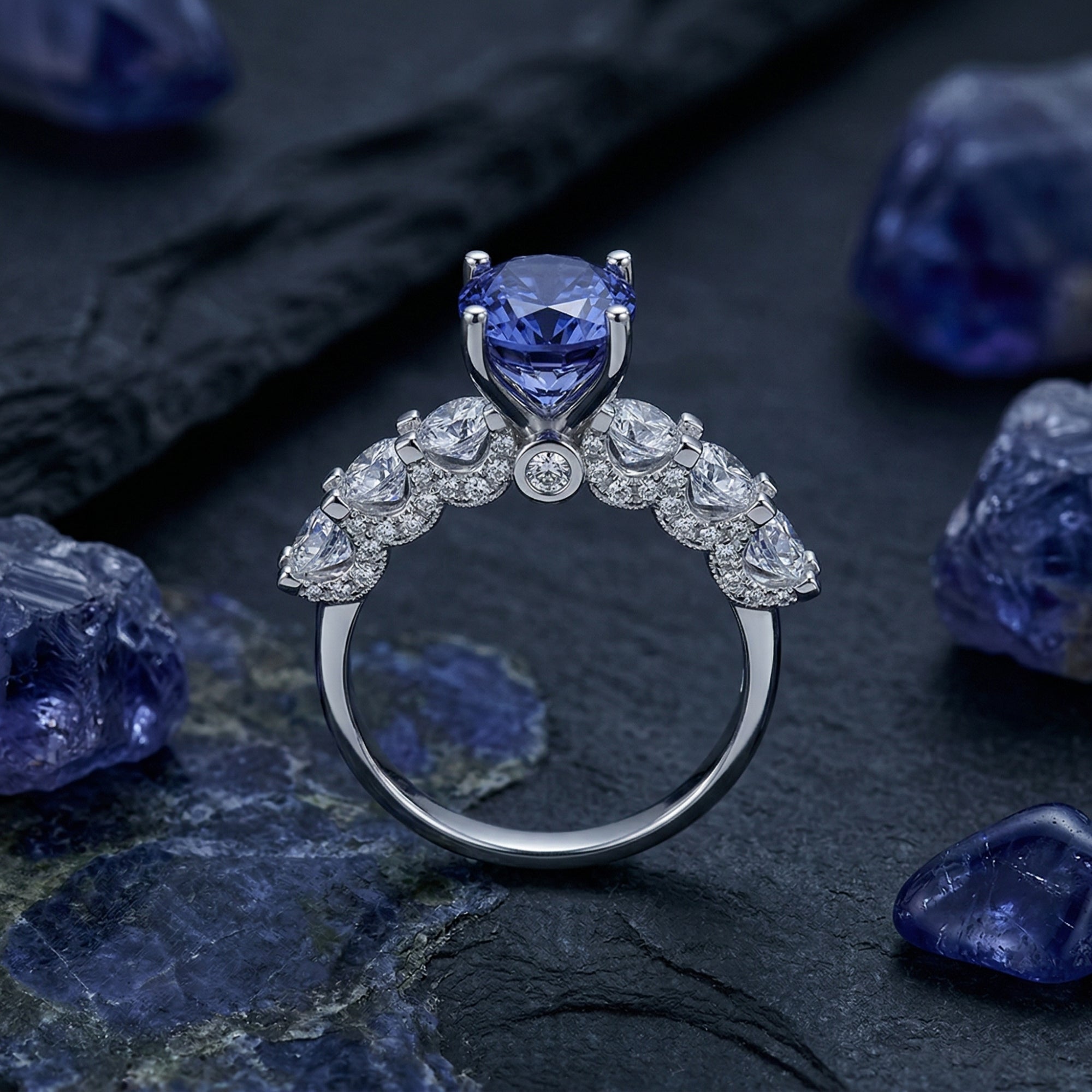 Profile view of the Kaeliana sterling silver ring showing the oval tanzanite setting and side stone details.