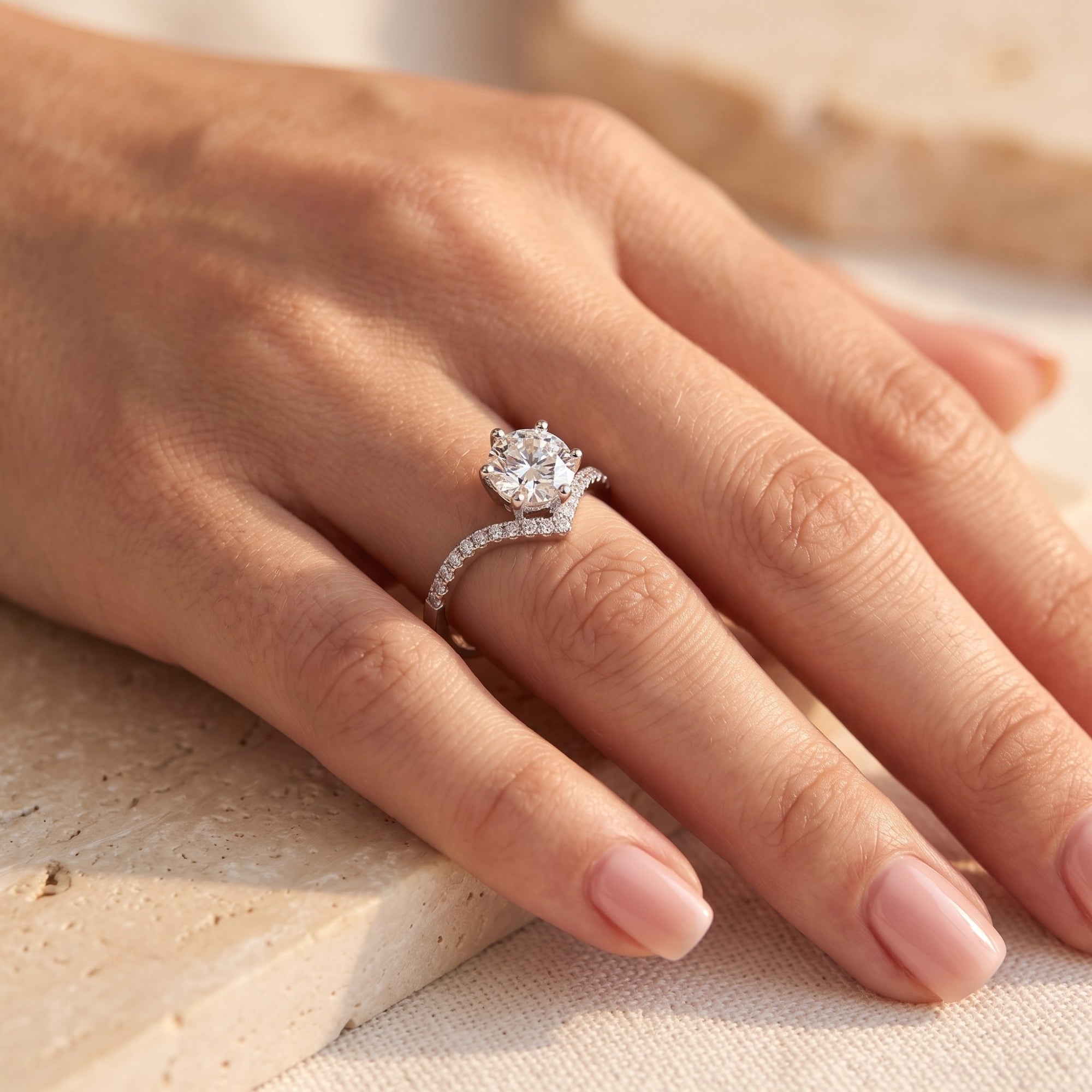 S925 silver chevron solitaire ring on hand for scale reference.