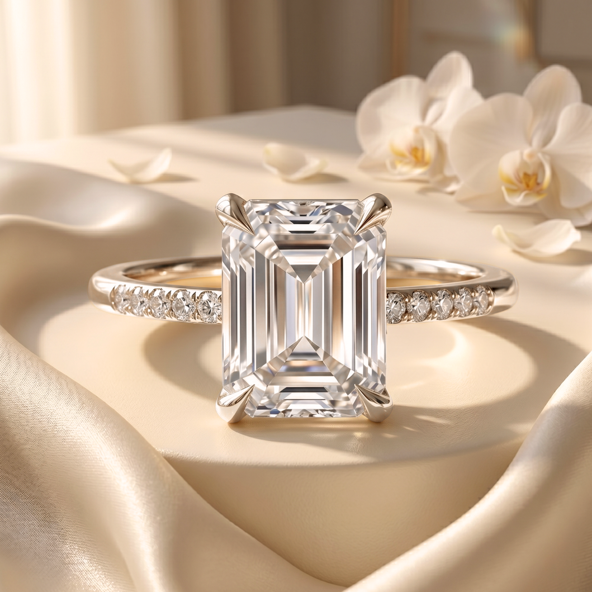 A front-facing view of the emerald-cut moissanite engagement ring in white gold on a silky fabric background.