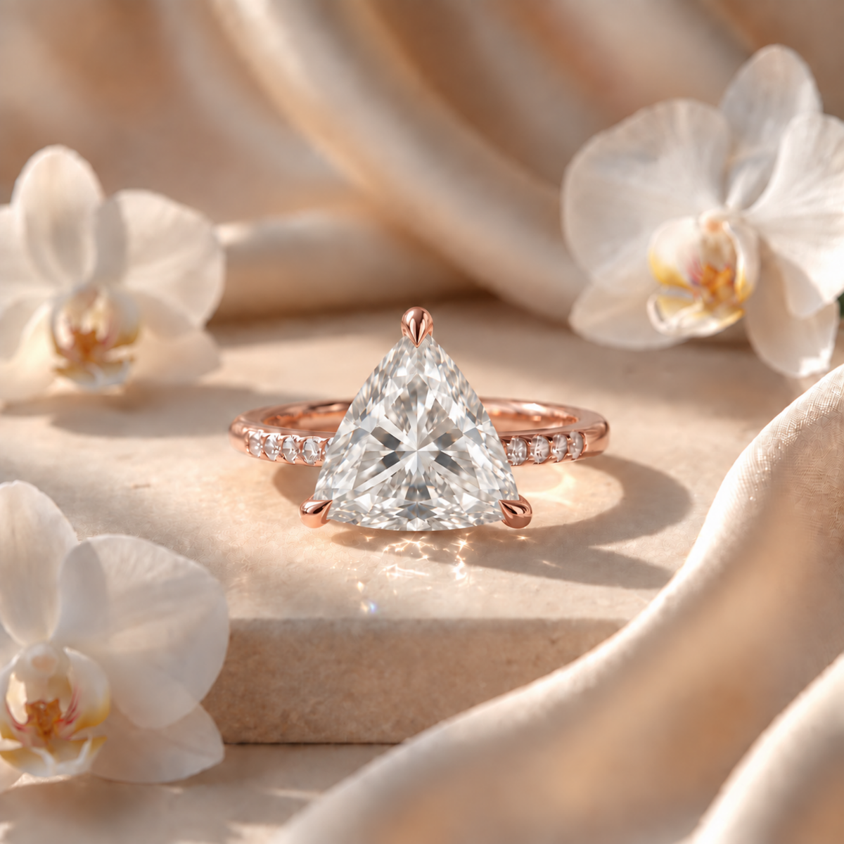 Front view of a rose gold trillion-cut moissanite engagement ring with a pavé band.