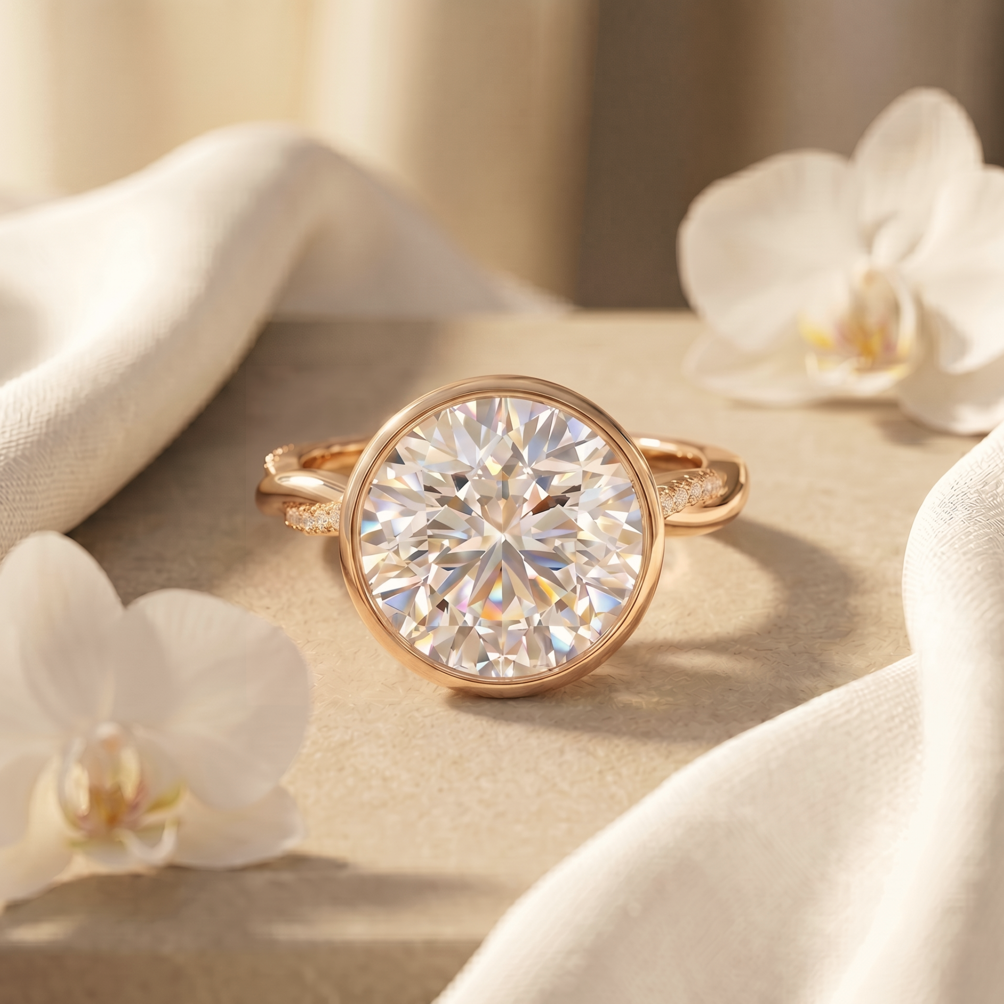A rose gold round-cut moissanite bezel engagement ring displayed next to white orchids.