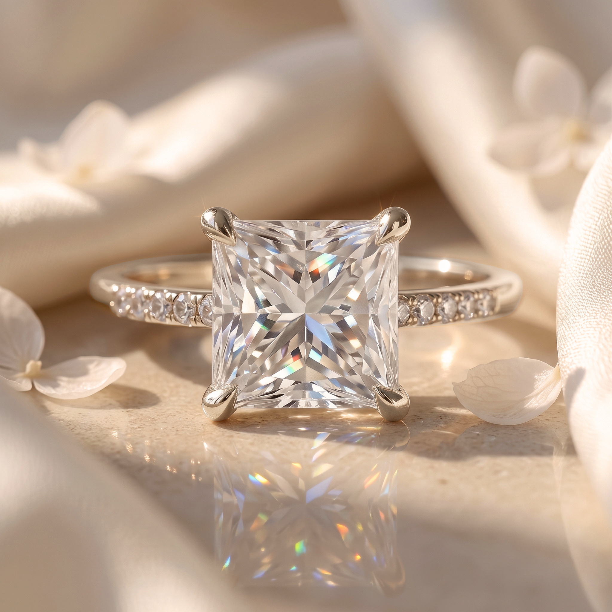 A brilliant white gold princess cut moissanite engagement ring with a pave diamond band, in a clean flatlay view.